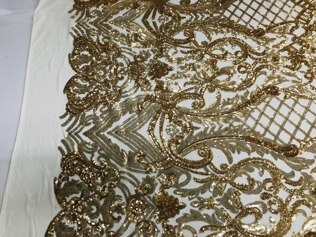 Glam Pattern Sequins - Gold - 4 Way Stretch Colorful Designer Net Sequins Fabrics