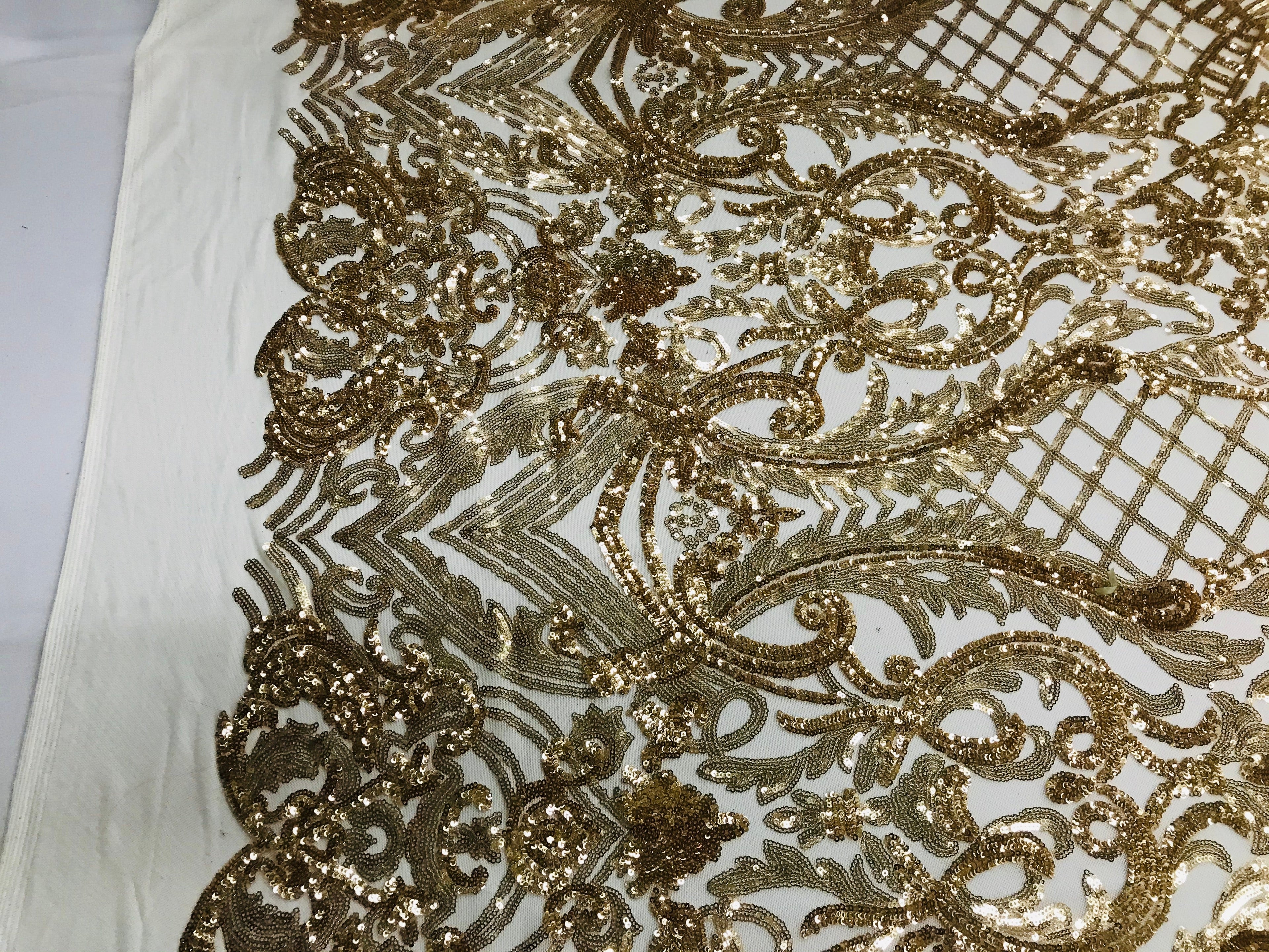 Glam Pattern Sequins - Gold - 4 Way Stretch Colorful Designer Net Sequins Fabrics