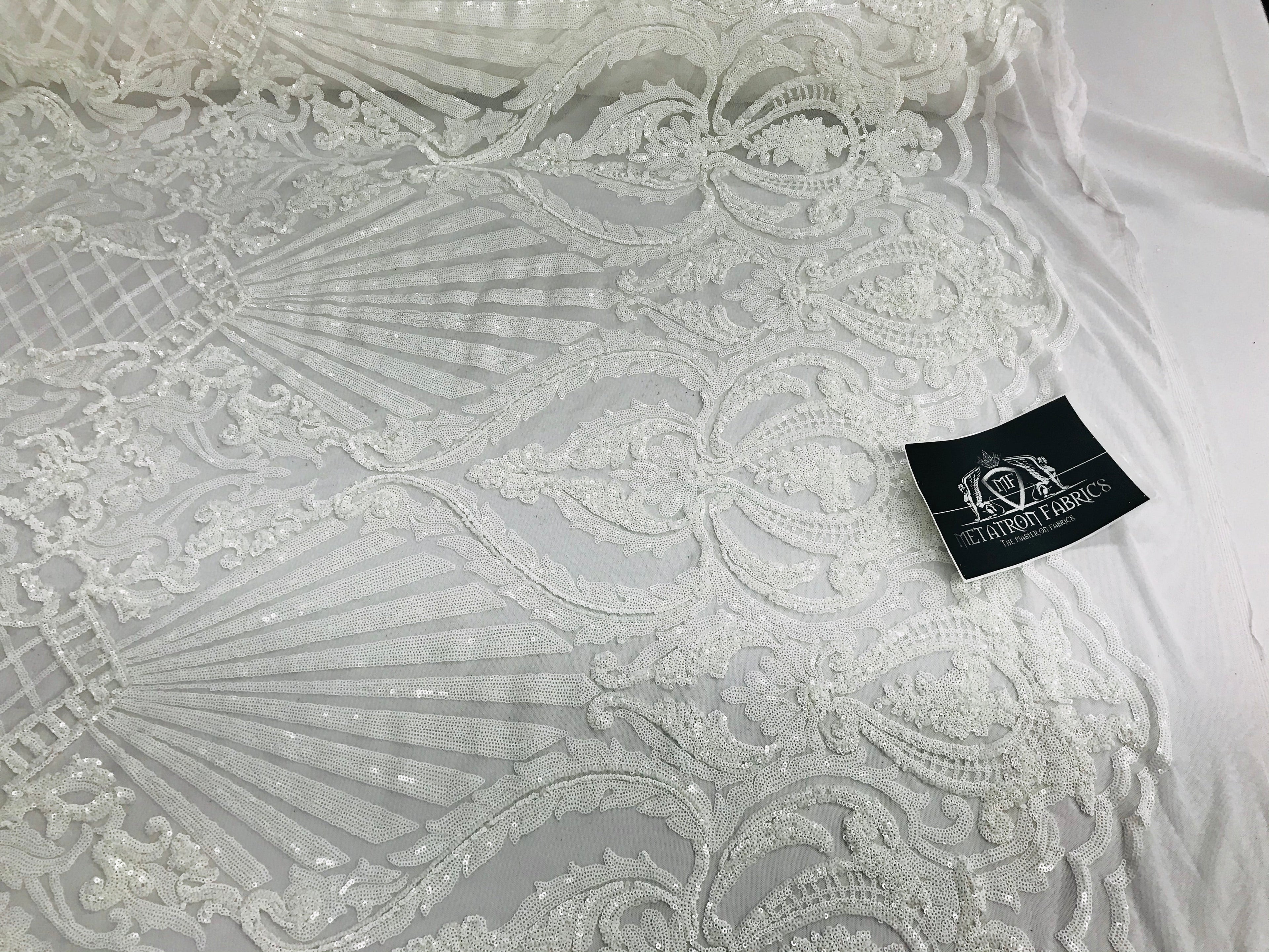 Glam Pattern Sequins - White White - 4 Way Stretch Colorful Designer Net Sequins Fabrics