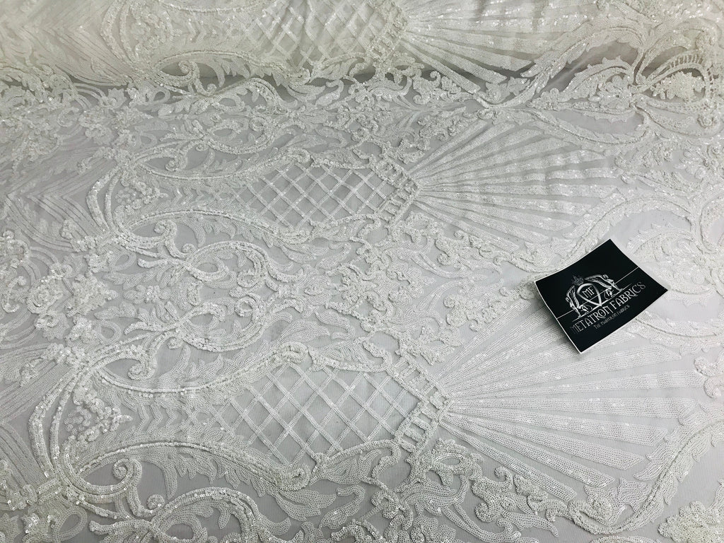 Glam Pattern Sequins - White White - 4 Way Stretch Colorful Designer Net Sequins Fabrics