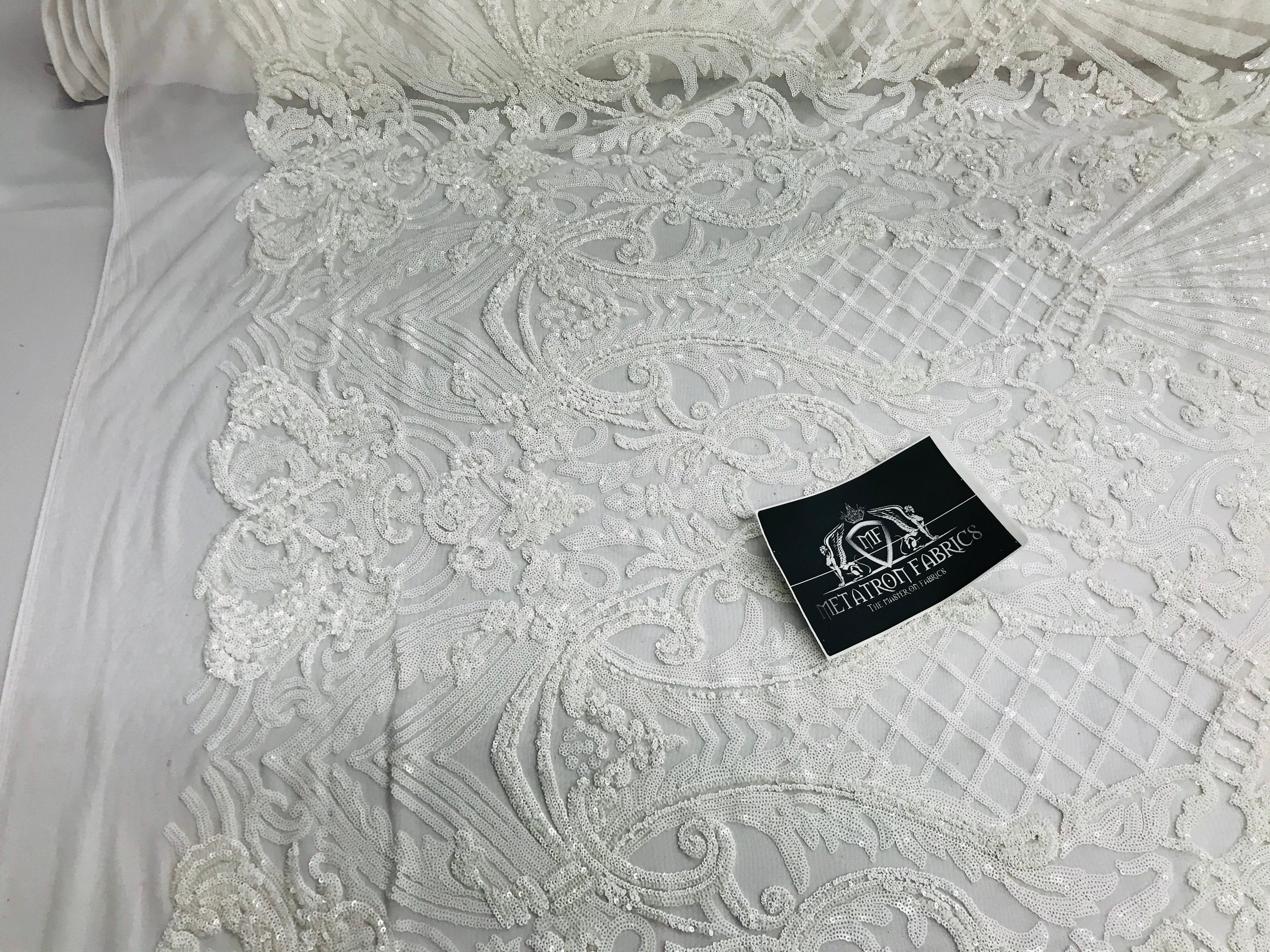 Glam Pattern Sequins - White White - 4 Way Stretch Colorful Designer Net Sequins Fabrics