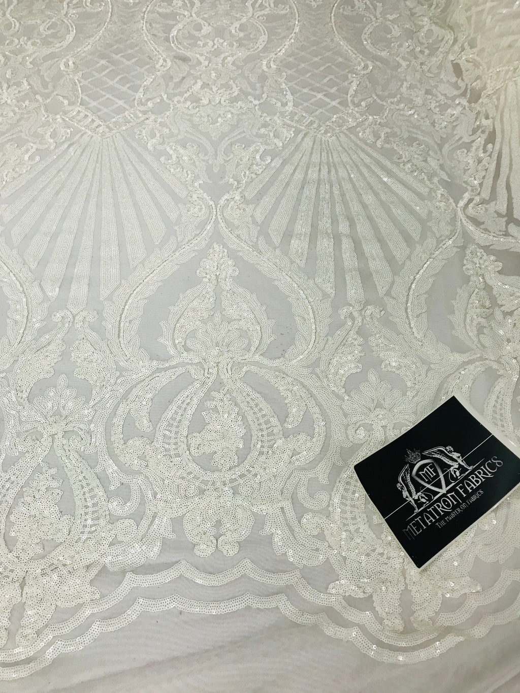 Glam Pattern Sequins - White White - 4 Way Stretch Colorful Designer Net Sequins Fabrics