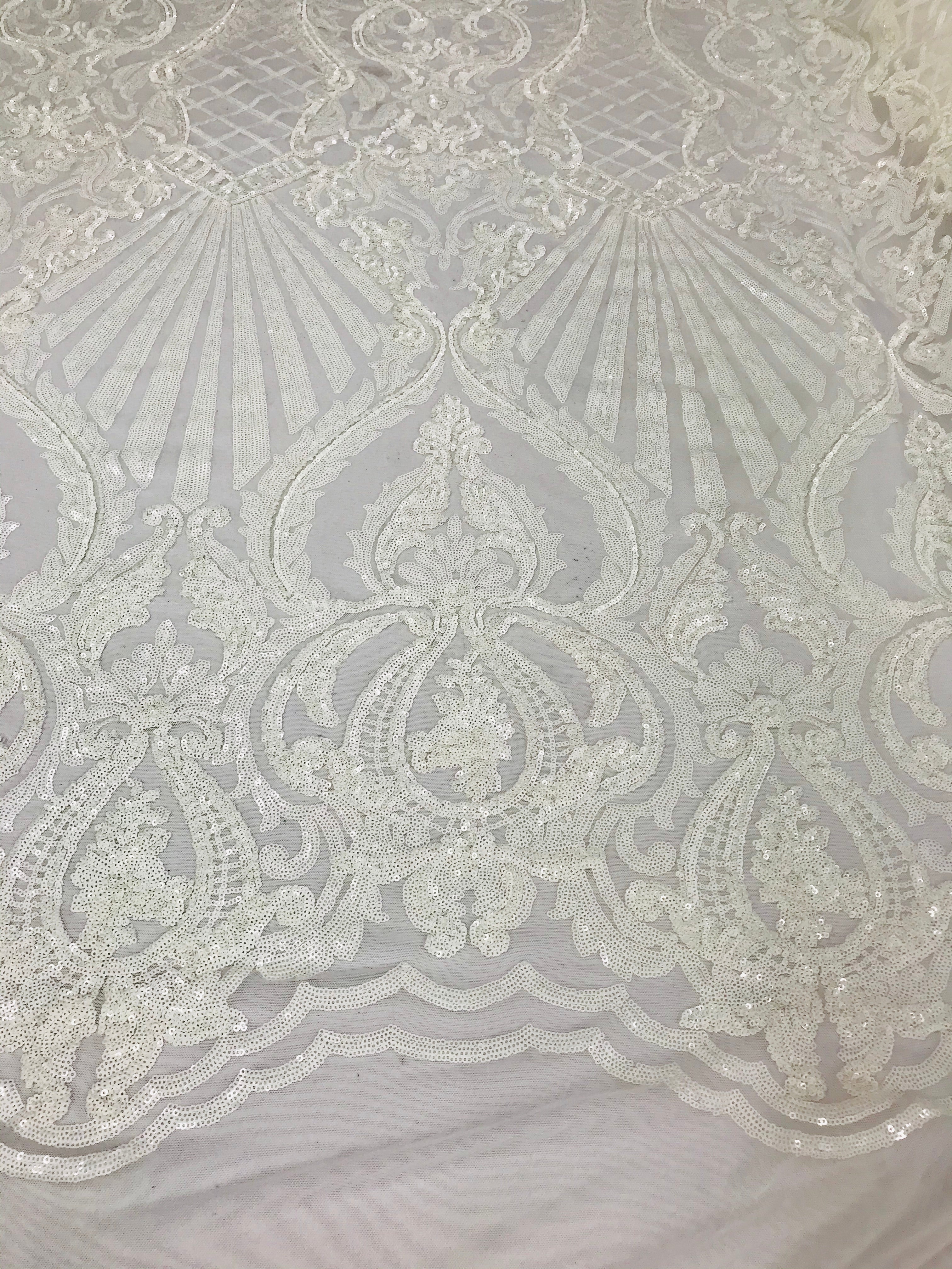 Glam Pattern Sequins - White White - 4 Way Stretch Colorful Designer Net Sequins Fabrics
