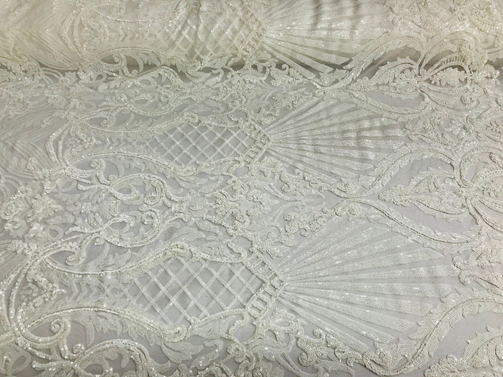 Glam Pattern Sequins - White White - 4 Way Stretch Colorful Designer Net Sequins Fabrics