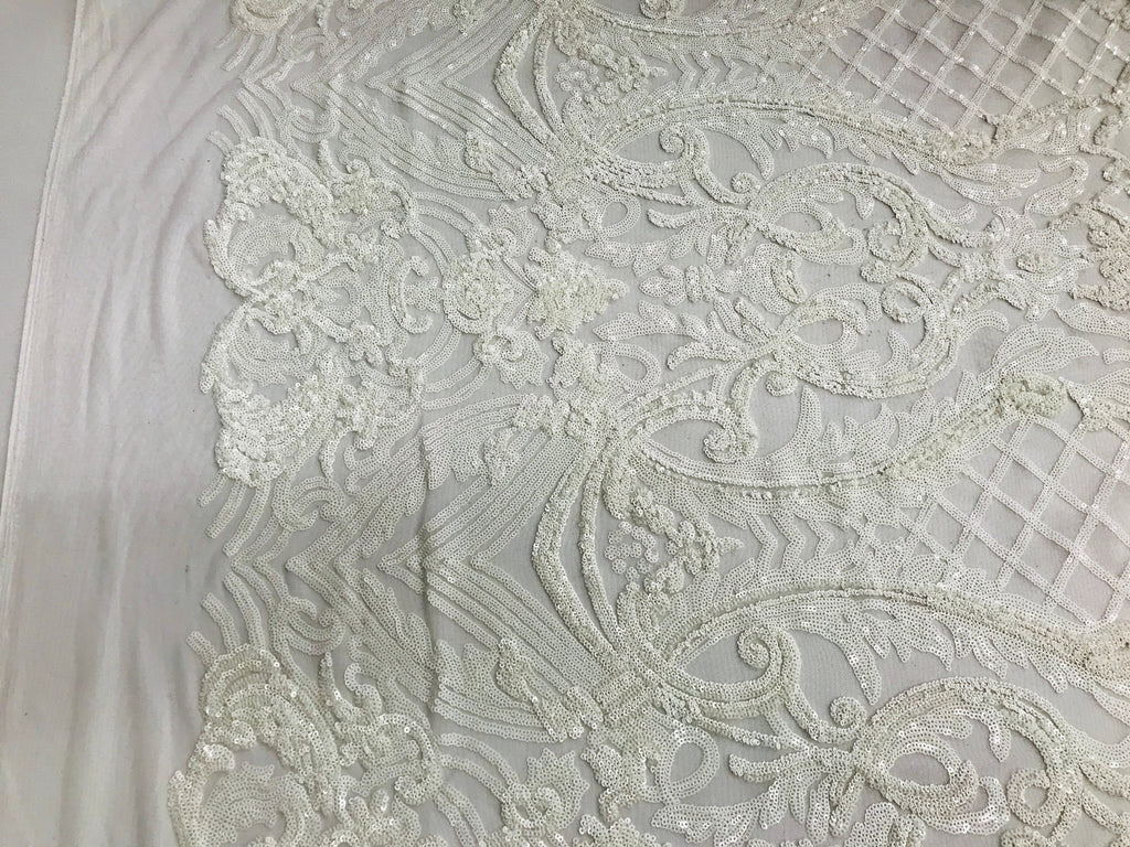 Glam Pattern Sequins - White White - 4 Way Stretch Colorful Designer Net Sequins Fabrics