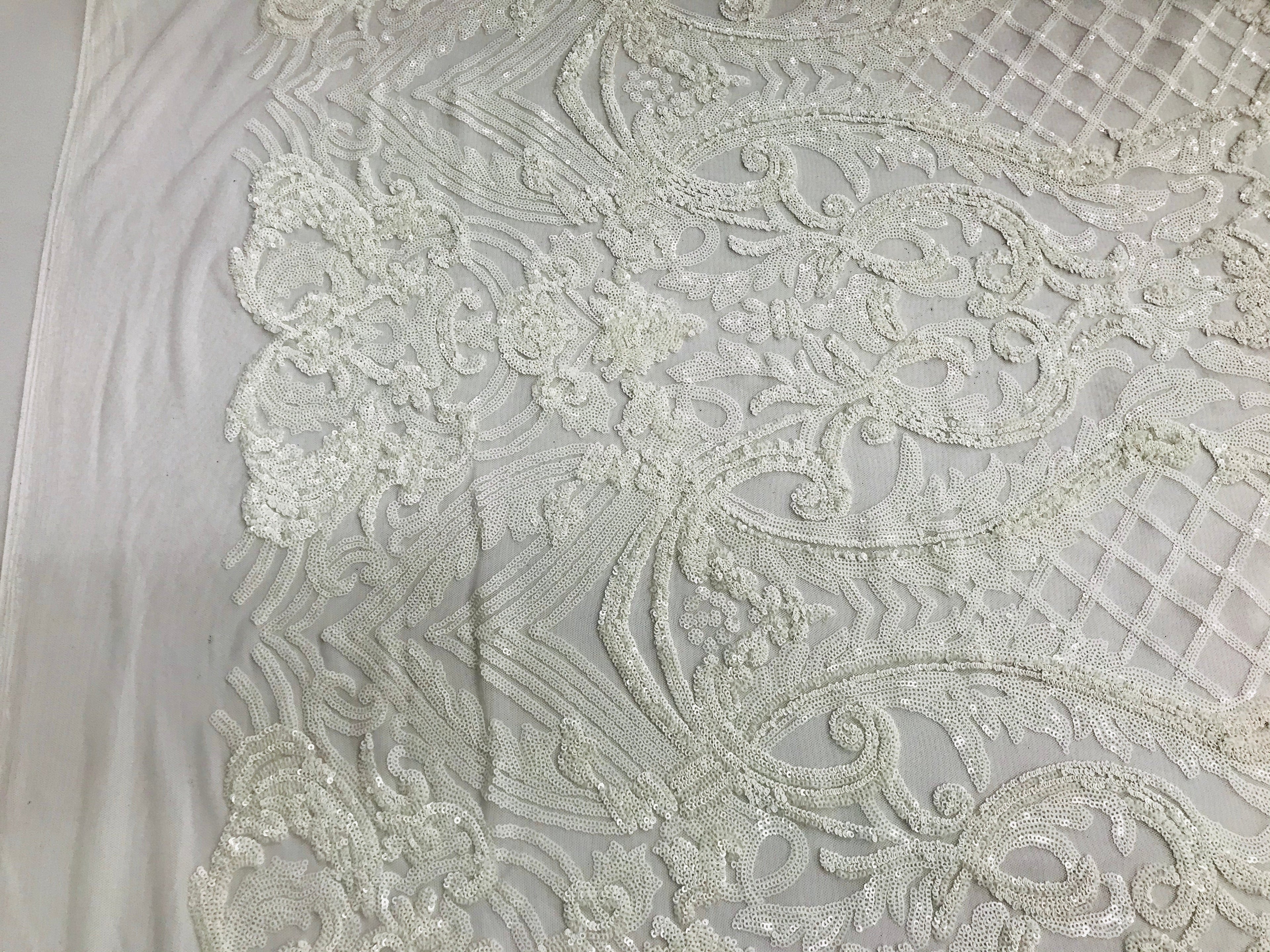 Glam Pattern Sequins - White White - 4 Way Stretch Colorful Designer Net Sequins Fabrics