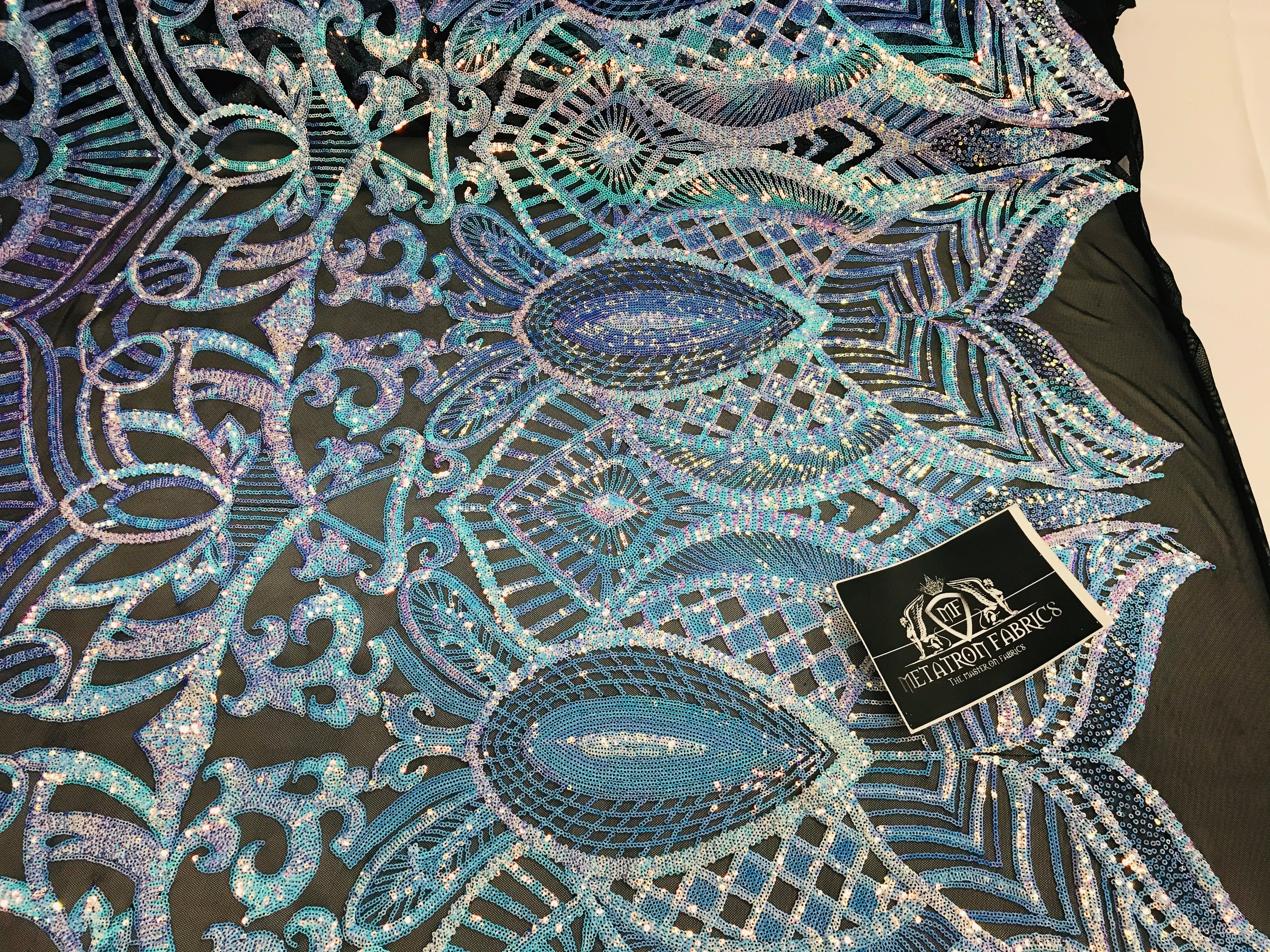 Iridescent Fabric - Iridescent Aqua Black Mesh - 4 Way Stretch Royalty Sequins Holographic Sequins Fabric