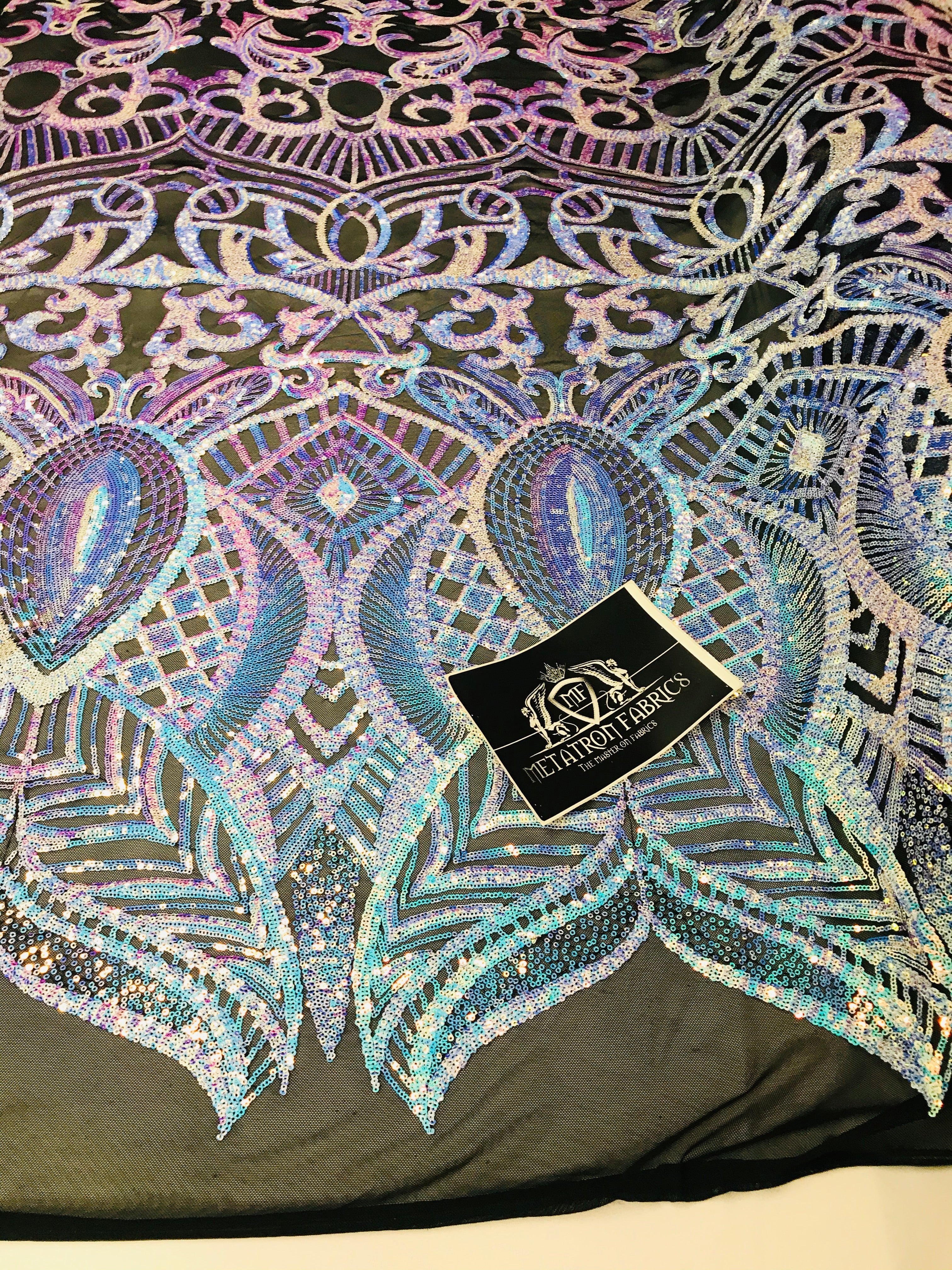 Iridescent Fabric - Iridescent Aqua Black Mesh - 4 Way Stretch Royalty Sequins Holographic Sequins Fabric