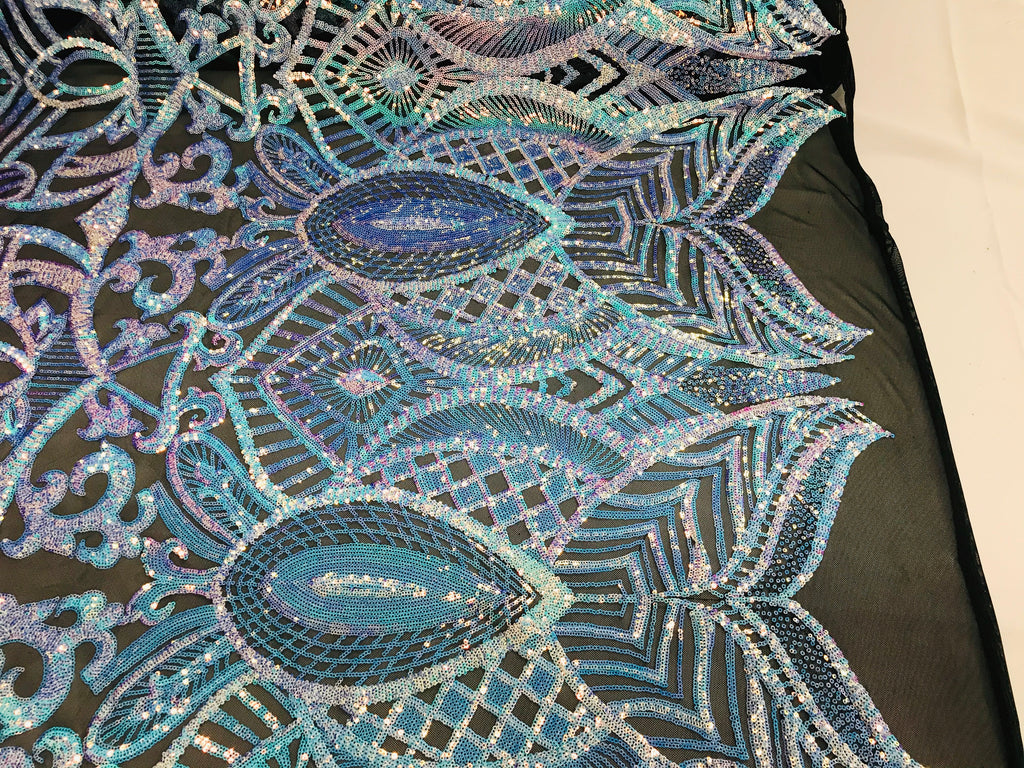 Iridescent Fabric - Iridescent Aqua Black Mesh - 4 Way Stretch Royalty Sequins Holographic Sequins Fabric