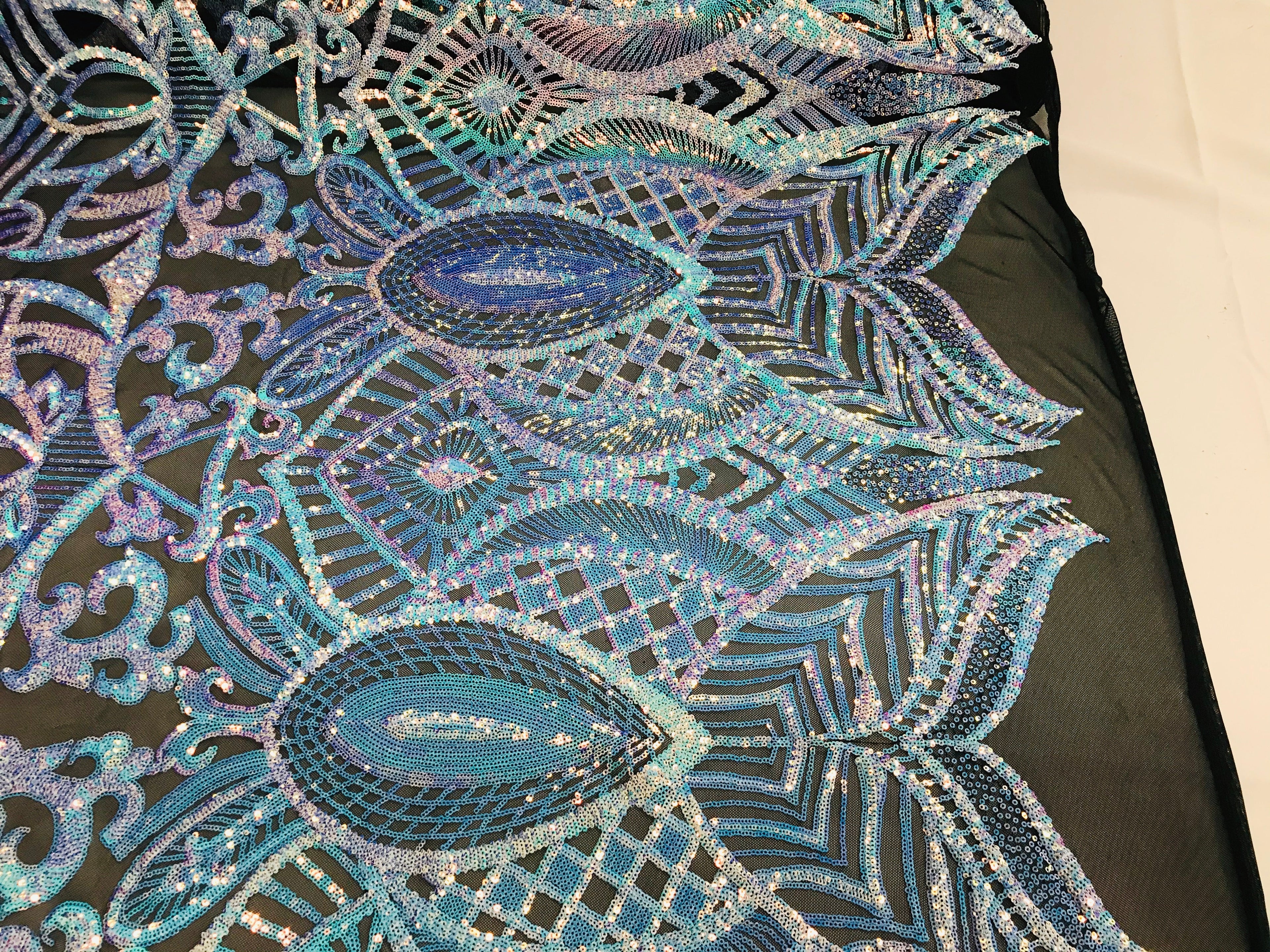 Iridescent Fabric - Iridescent Aqua Black Mesh - 4 Way Stretch Royalty Sequins Holographic Sequins Fabric