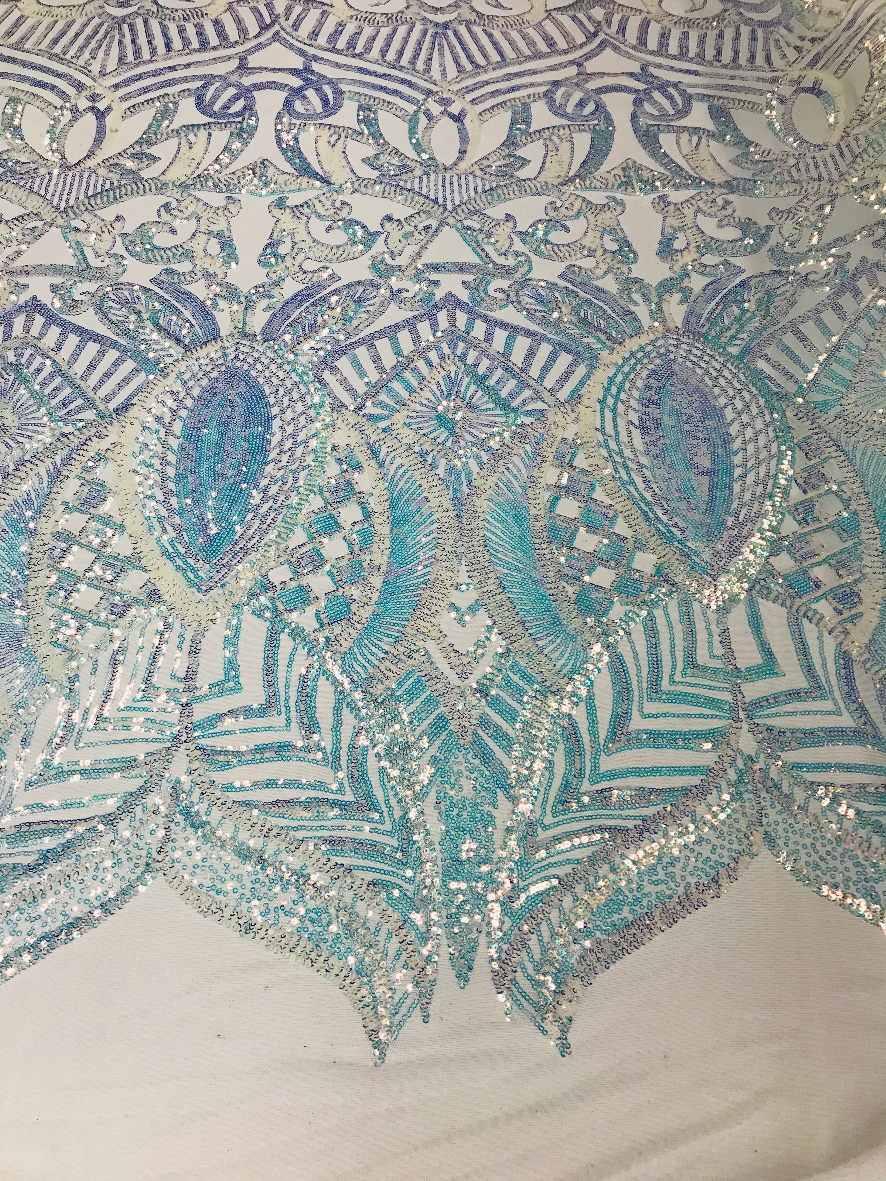 Iridescent Fabric - Iridescent Clear Aqua White Mesh - 4 Way Stretch Sequins Holographic Fabric
