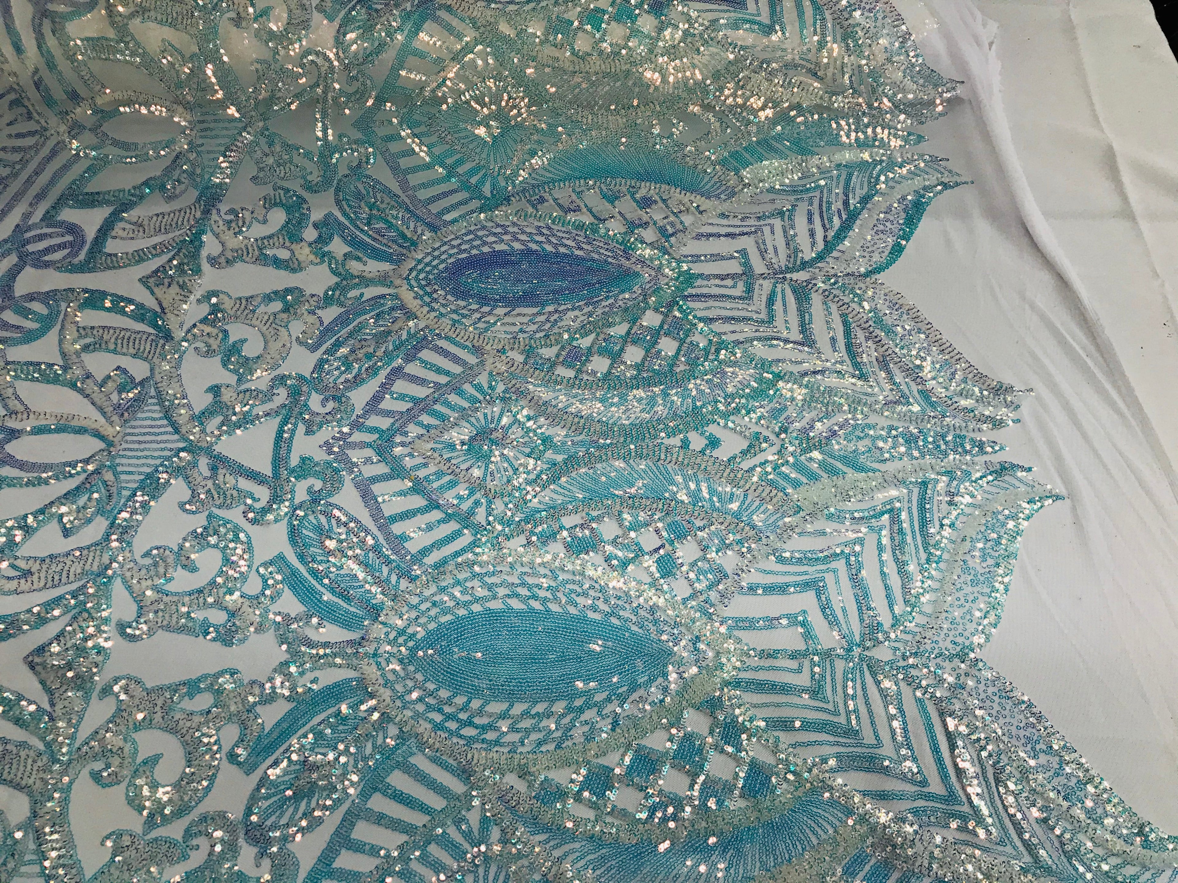 Iridescent Fabric - Iridescent Clear Aqua White Mesh - 4 Way Stretch Sequins Holographic Fabric