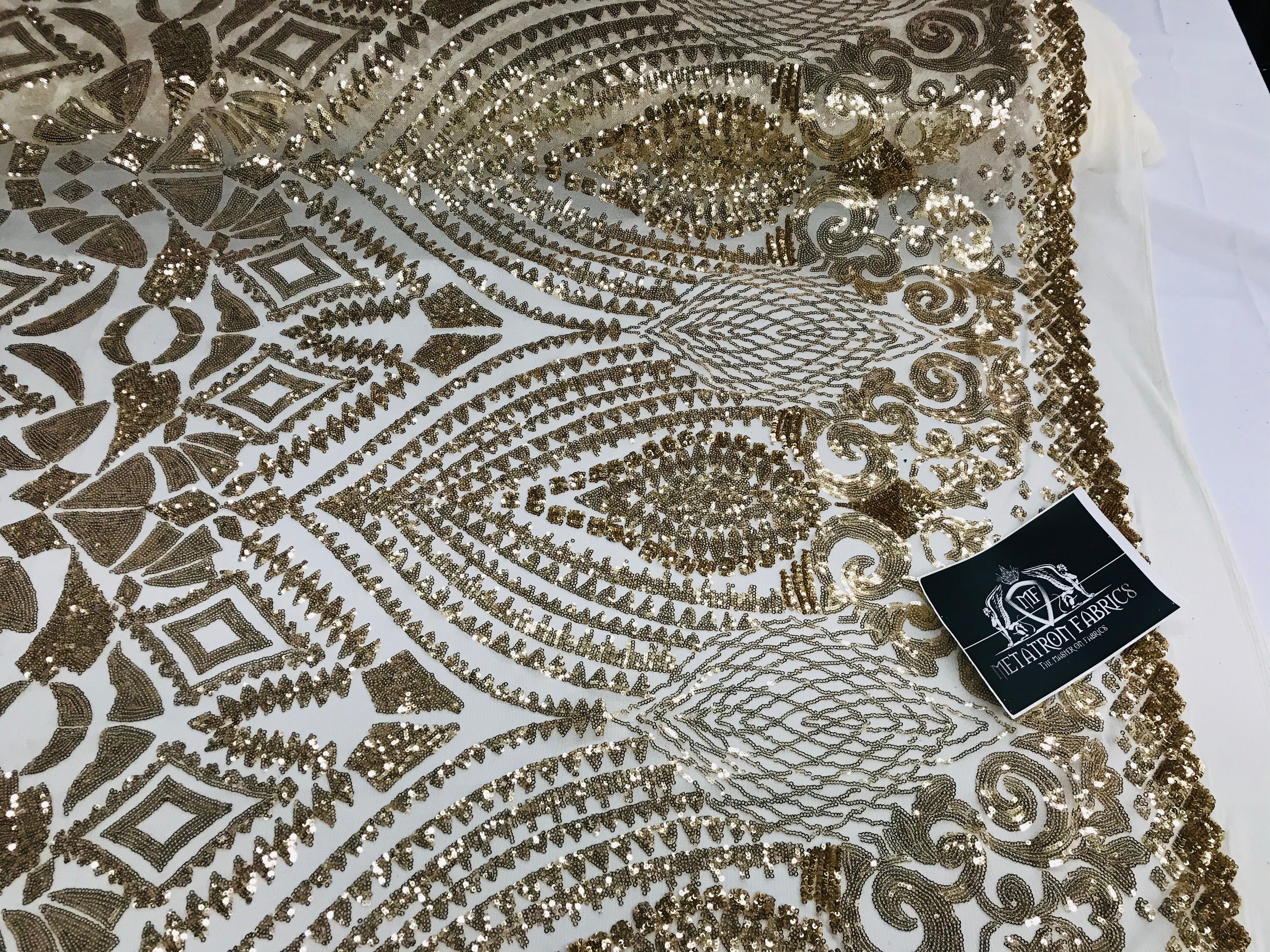 Geometric Pattern Sequins - Gold - 4 Way Stretch Colorful Shine Designer Sequins