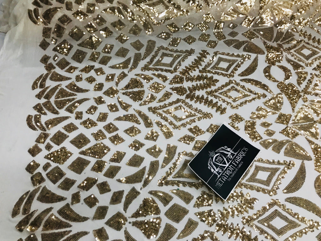 Geometric Pattern Sequins - Gold - 4 Way Stretch Colorful Shine Designer Sequins