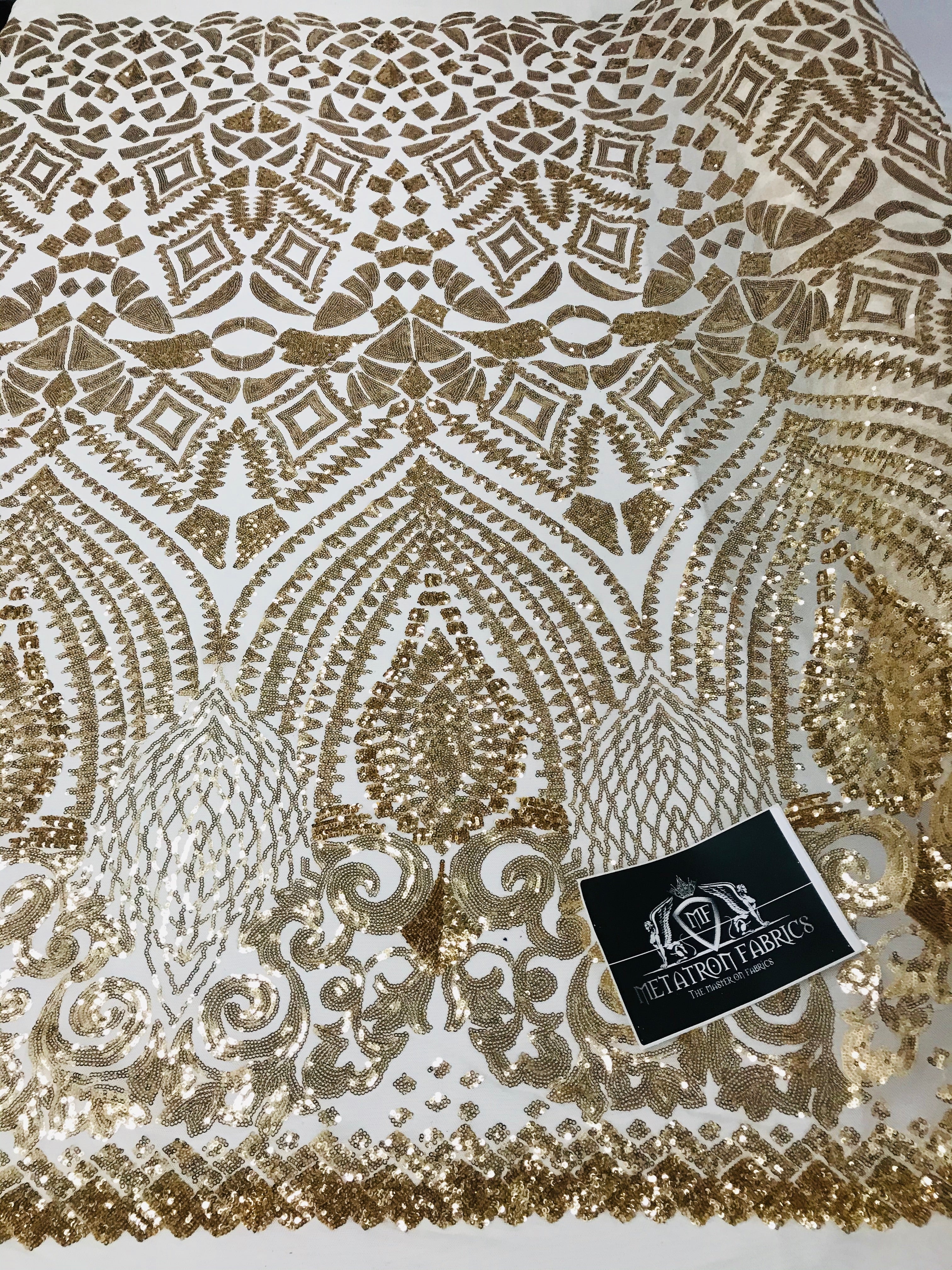Geometric Pattern Sequins - Gold - 4 Way Stretch Colorful Shine Designer Sequins
