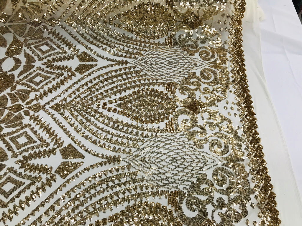Geometric Pattern Sequins - Gold - 4 Way Stretch Colorful Shine Designer Sequins