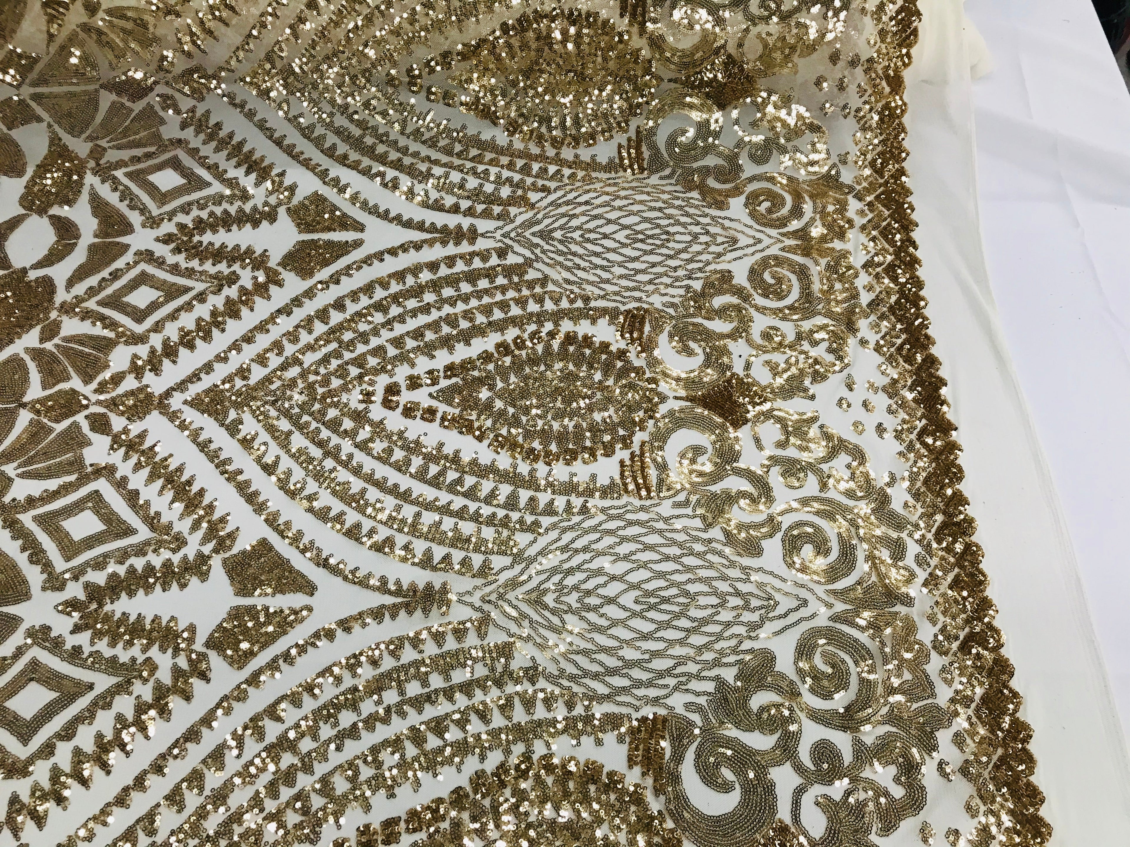 Geometric Pattern Sequins - Gold - 4 Way Stretch Colorful Shine Designer Sequins