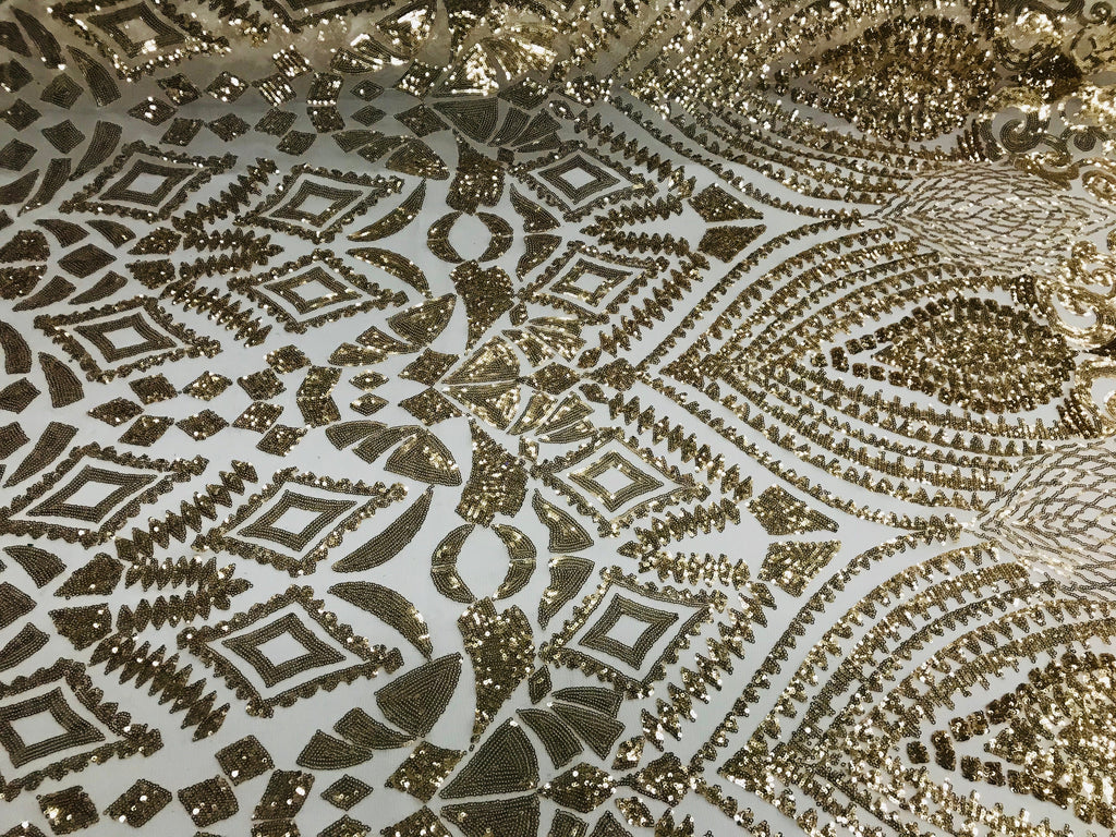 Geometric Pattern Sequins - Gold - 4 Way Stretch Colorful Shine Designer Sequins