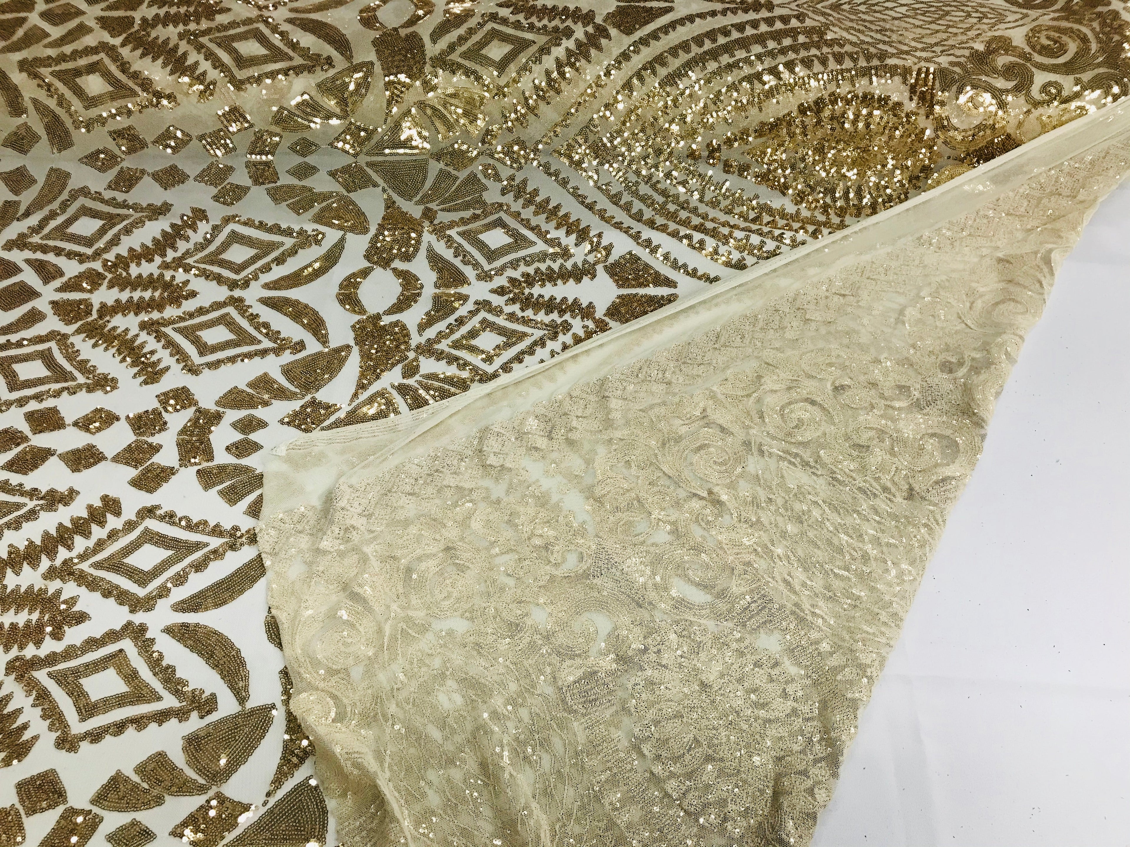 Geometric Pattern Sequins - Gold - 4 Way Stretch Colorful Shine Designer Sequins
