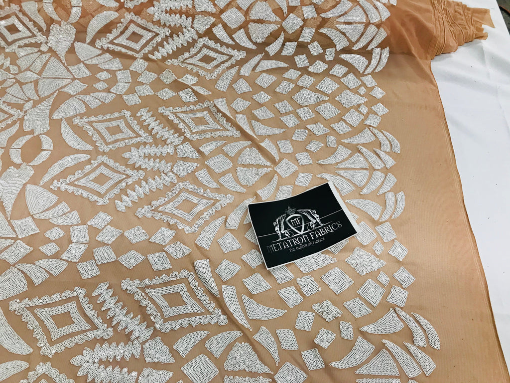 Geometric Pattern Sequins - White Nude Mesh - 4 Way Sample