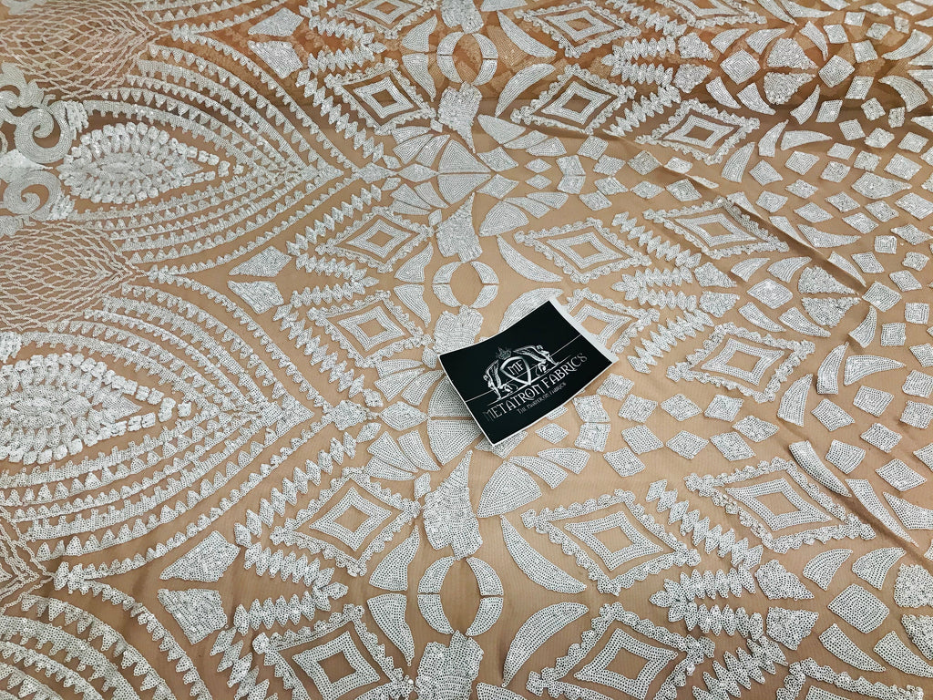 Geometric Pattern Sequins - White Nude Mesh - 4 Way Sample
