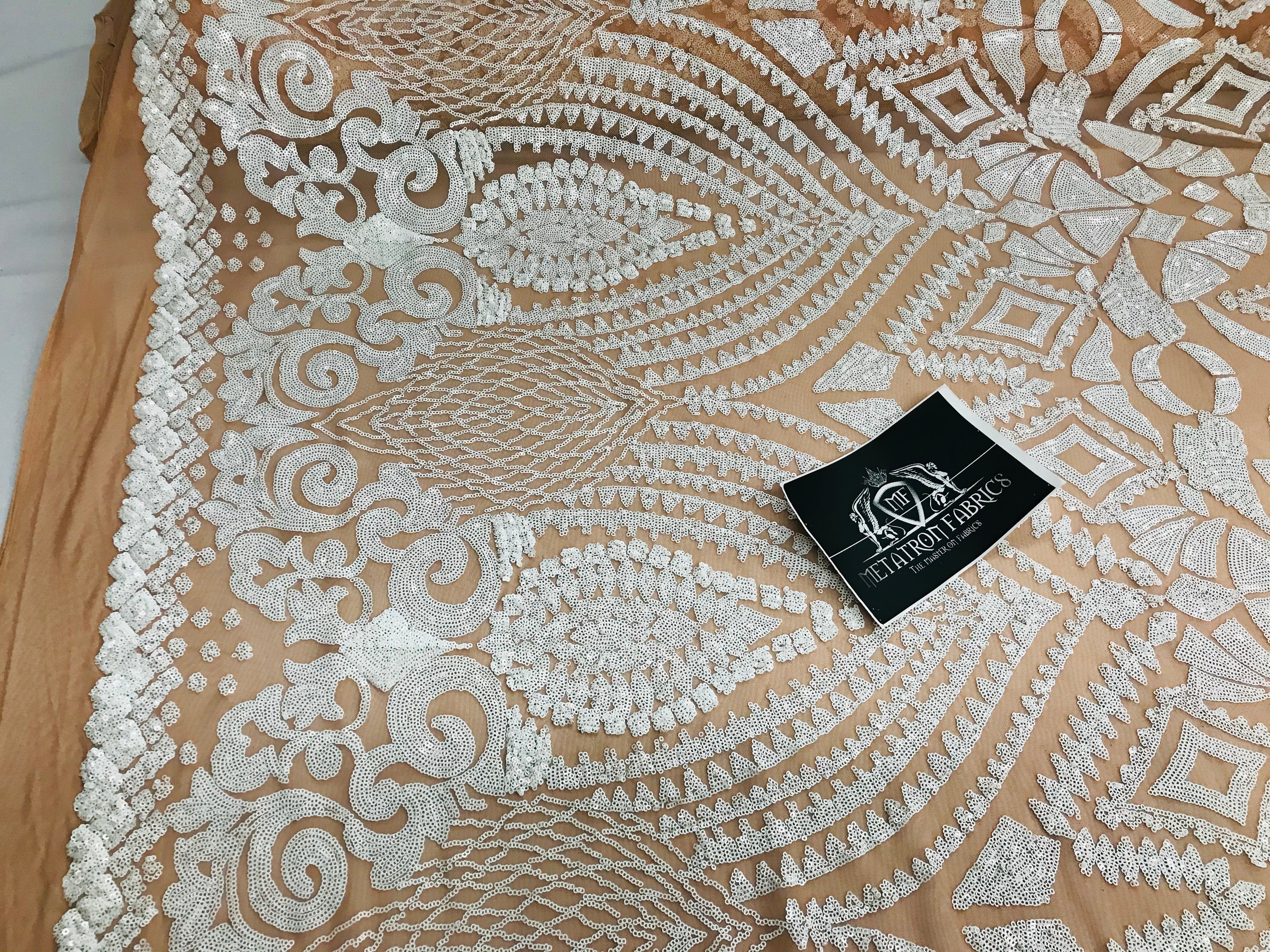 Geometric Pattern Sequins - White Nude Mesh - 4 Way Sample