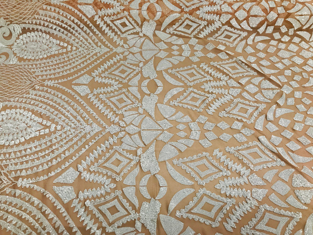 Geometric Pattern Sequins - White Nude Mesh - 4 Way Sample