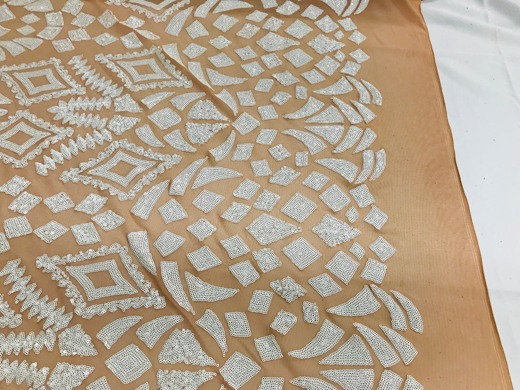 Geometric Pattern Sequins - White Nude Mesh - 4 Way Stretch Colorful Shine Designer Sequins