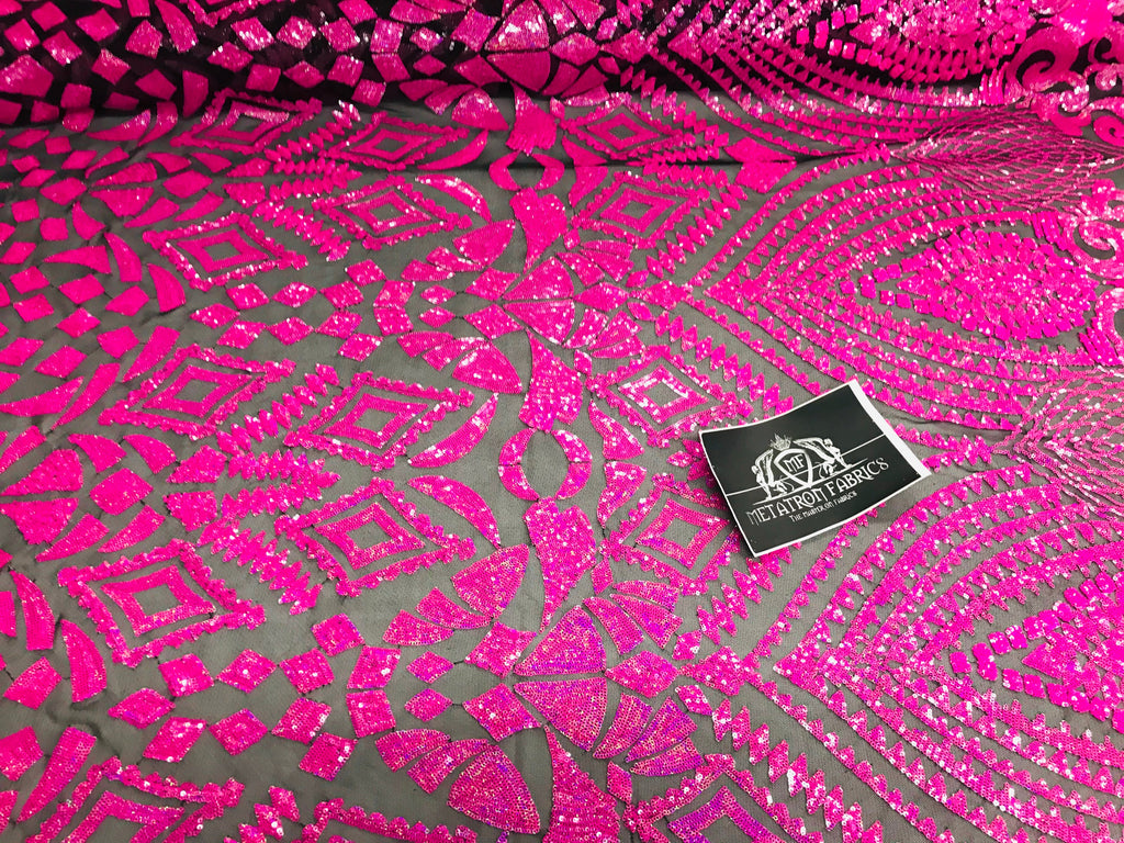 Geometric Pattern Sequins - Neon Pink - 4 Way Stretch Colorful Shine Designer Sequins