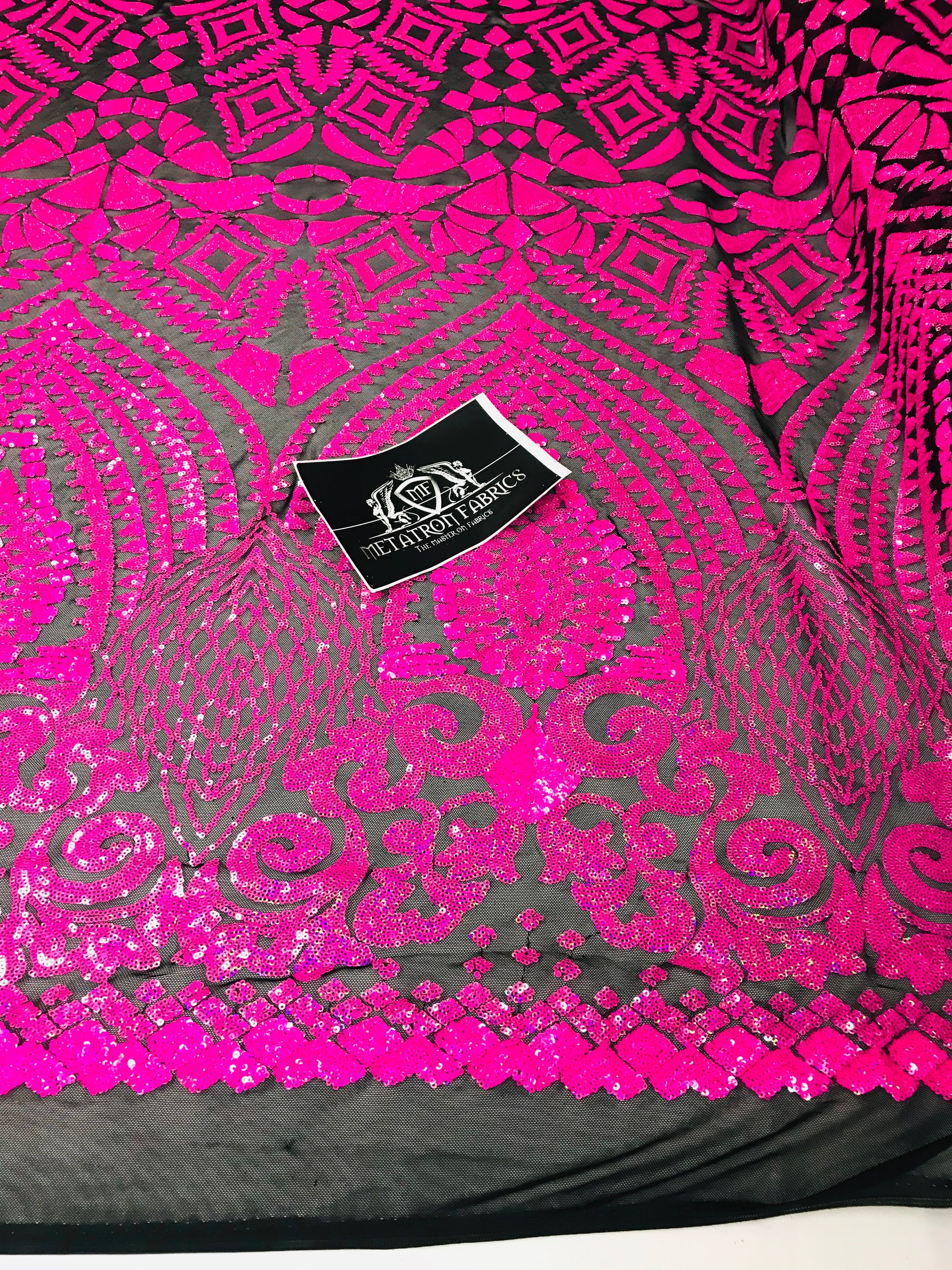Geometric Pattern Sequins - Neon Pink - 4 Way Stretch Colorful Shine Designer Sequins
