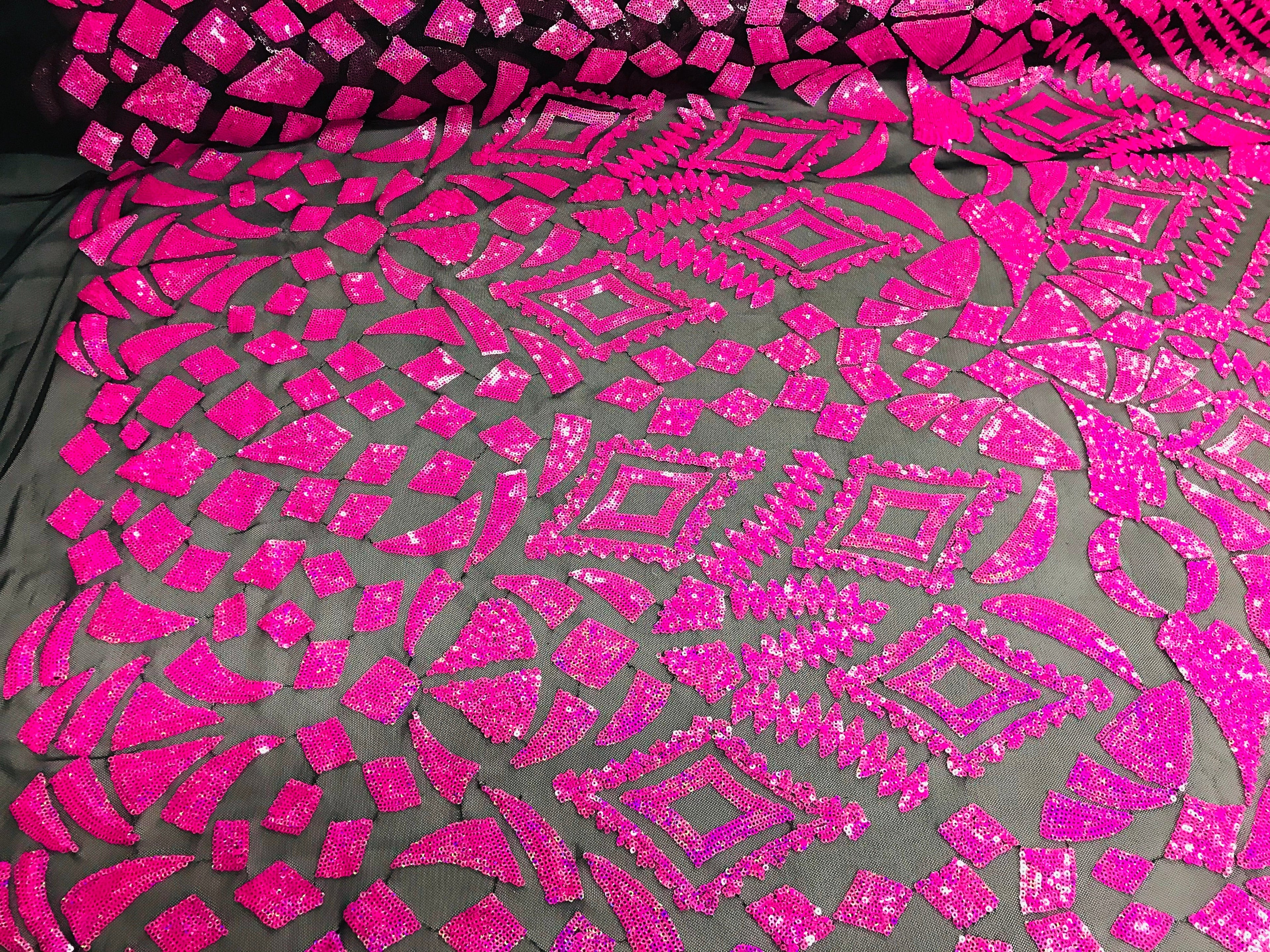 Geometric Pattern Sequins - Neon Pink - 4 Way Stretch Colorful Shine Designer Sequins
