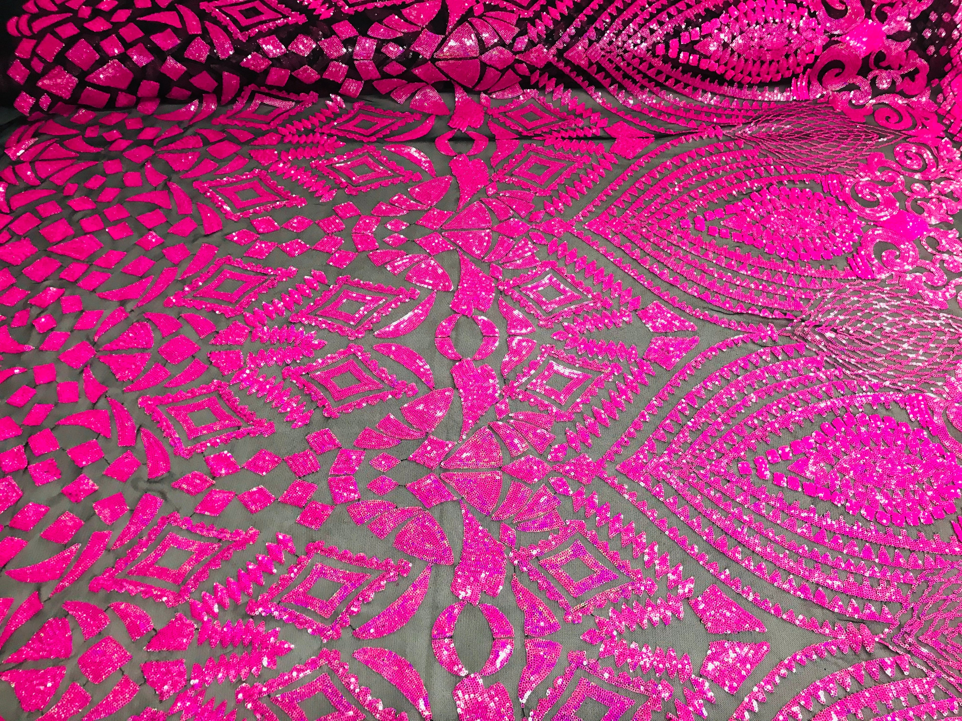 Geometric Pattern Sequins - Neon Pink - 4 Way Stretch Colorful Shine Designer Sequins