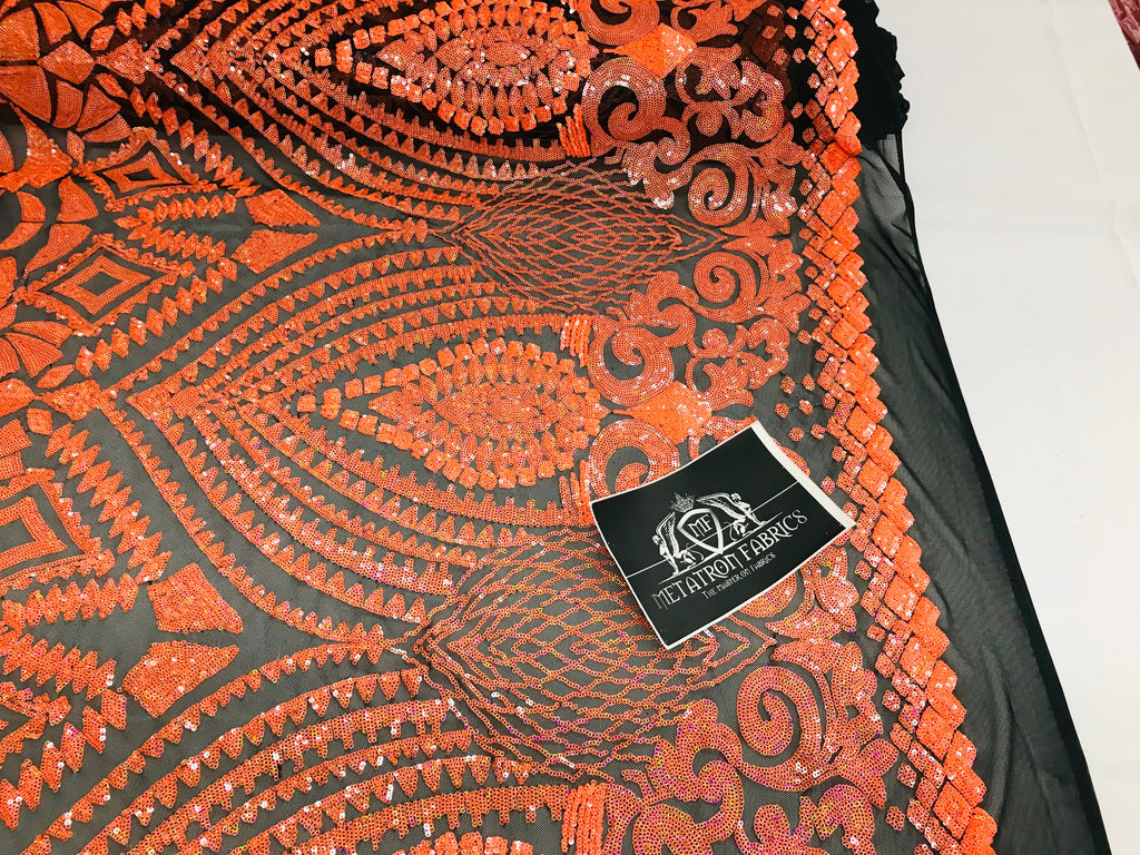 Geometric Pattern Sequins - Neon Orange - 4 Way Stretch Colorful Shine Designer Sequins