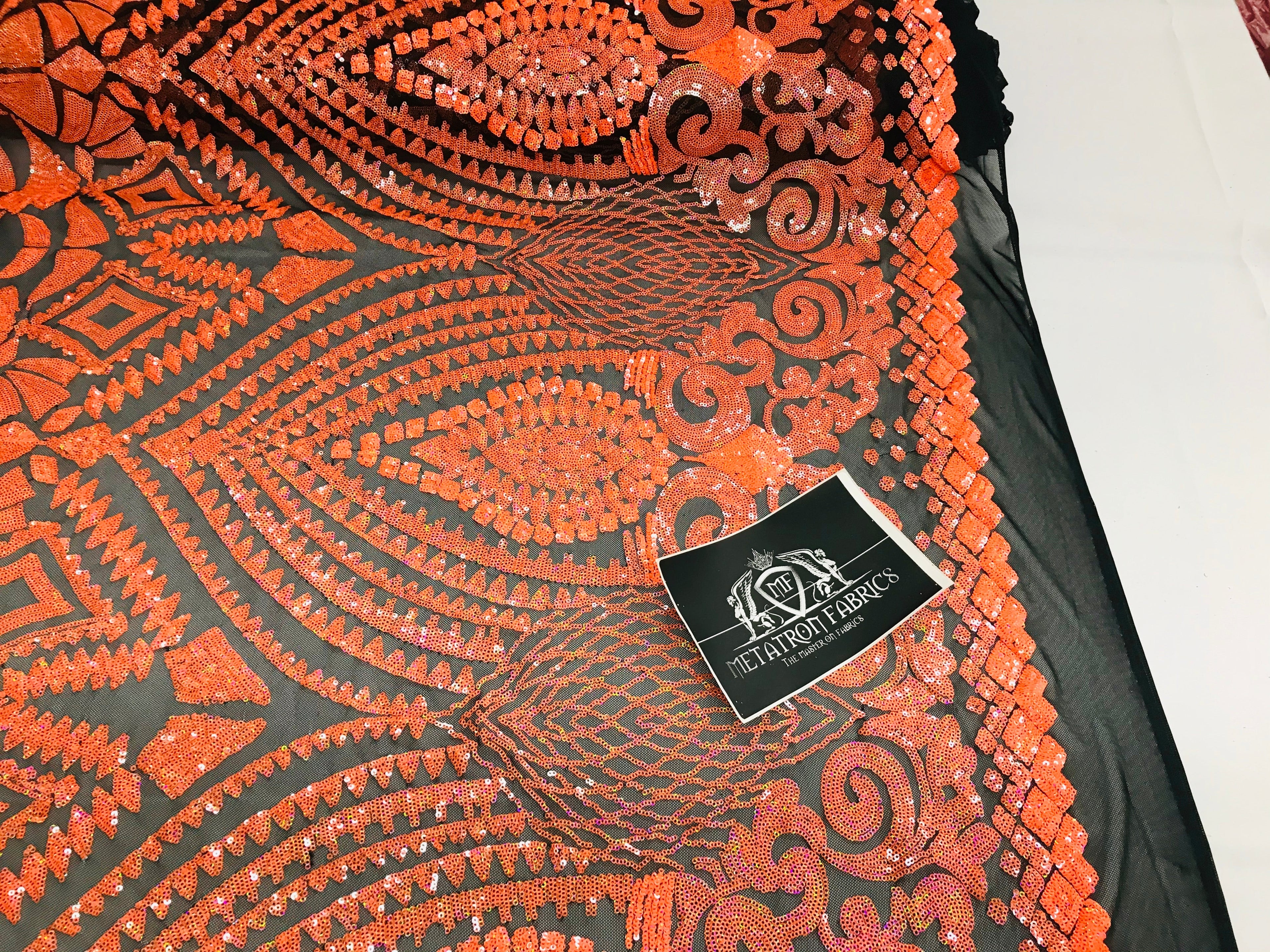 Geometric Pattern Sequins - Neon Orange - 4 Way Stretch Colorful Shine Designer Sequins