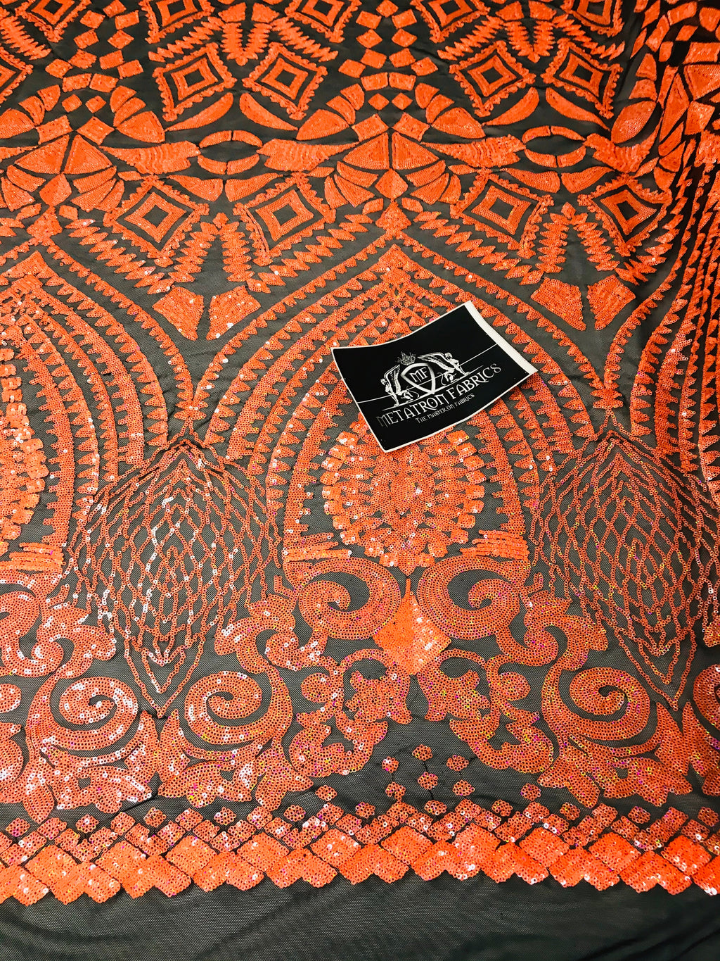 Geometric Pattern Sequins - Neon Orange - 4 Way Stretch Colorful Shine Designer Sequins