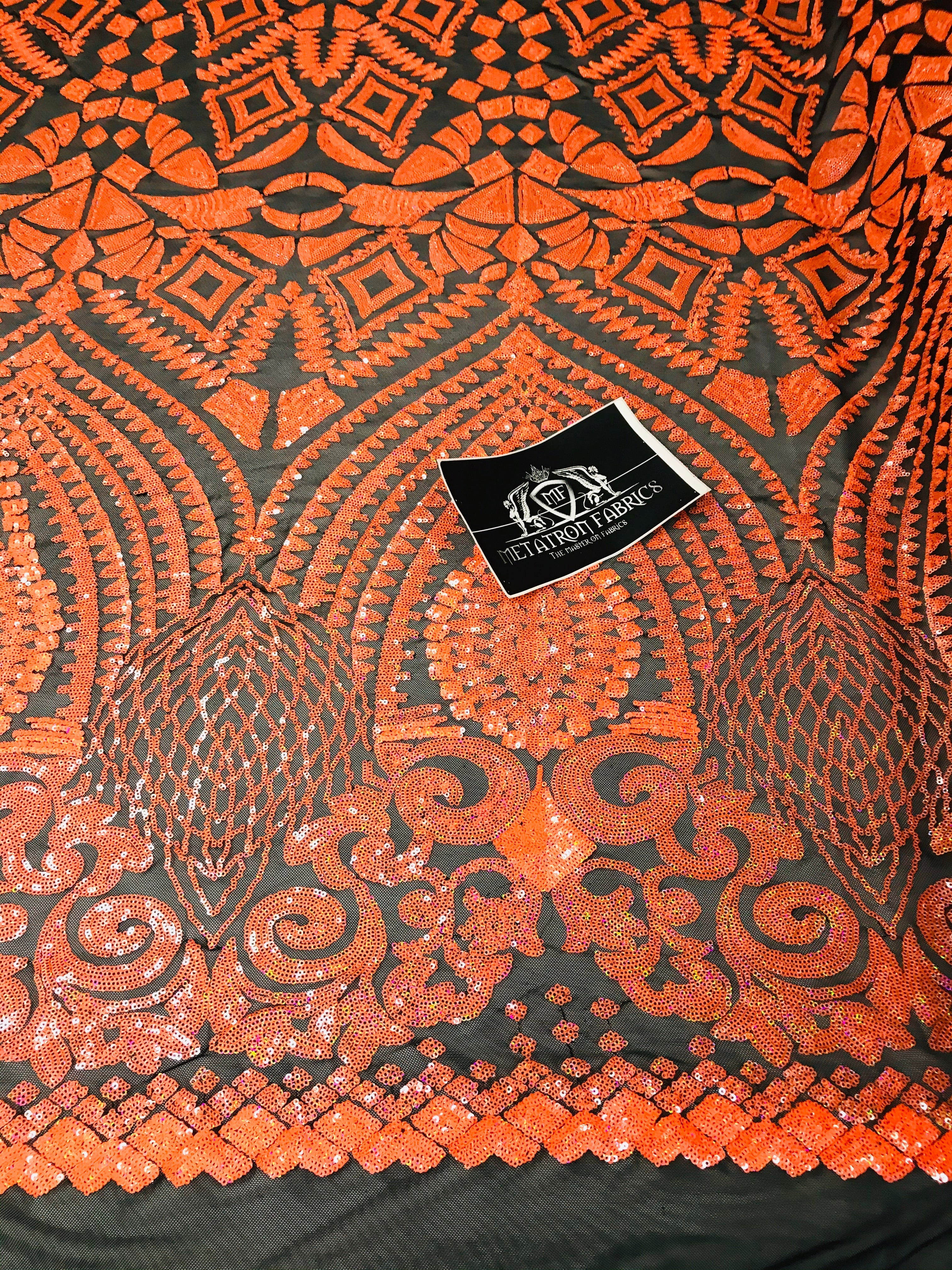 Geometric Pattern Sequins - Neon Orange - 4 Way Stretch Colorful Shine Designer Sequins