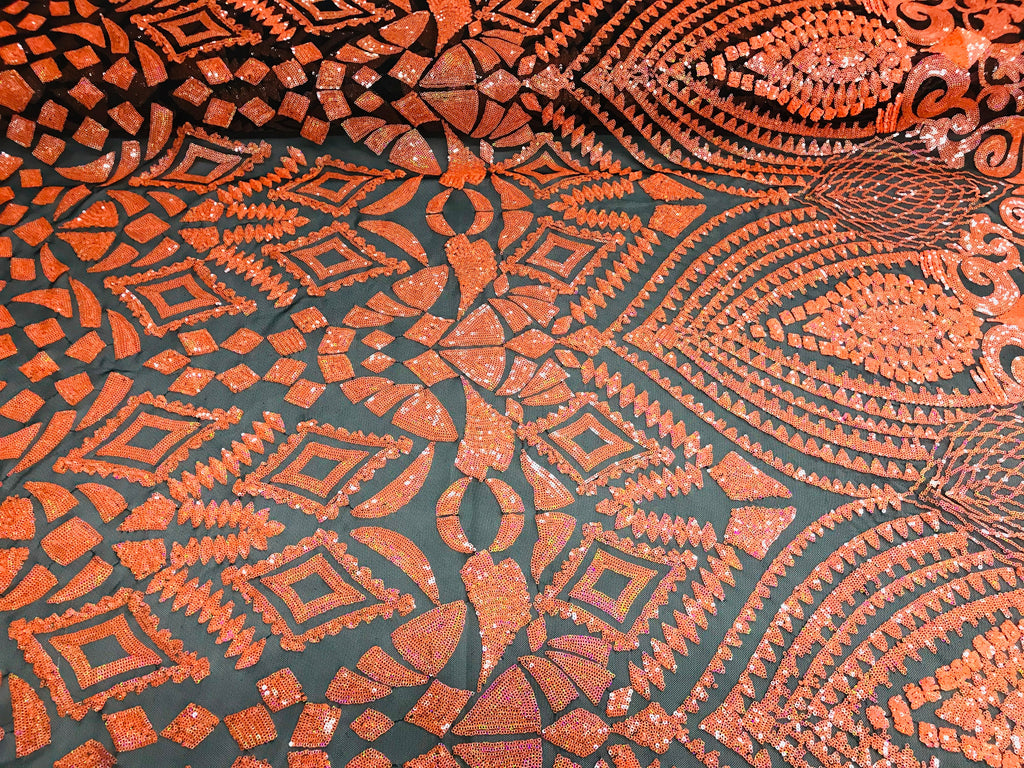 Geometric Pattern Sequins - Neon Orange - 4 Way Stretch Colorful Shine Designer Sequins