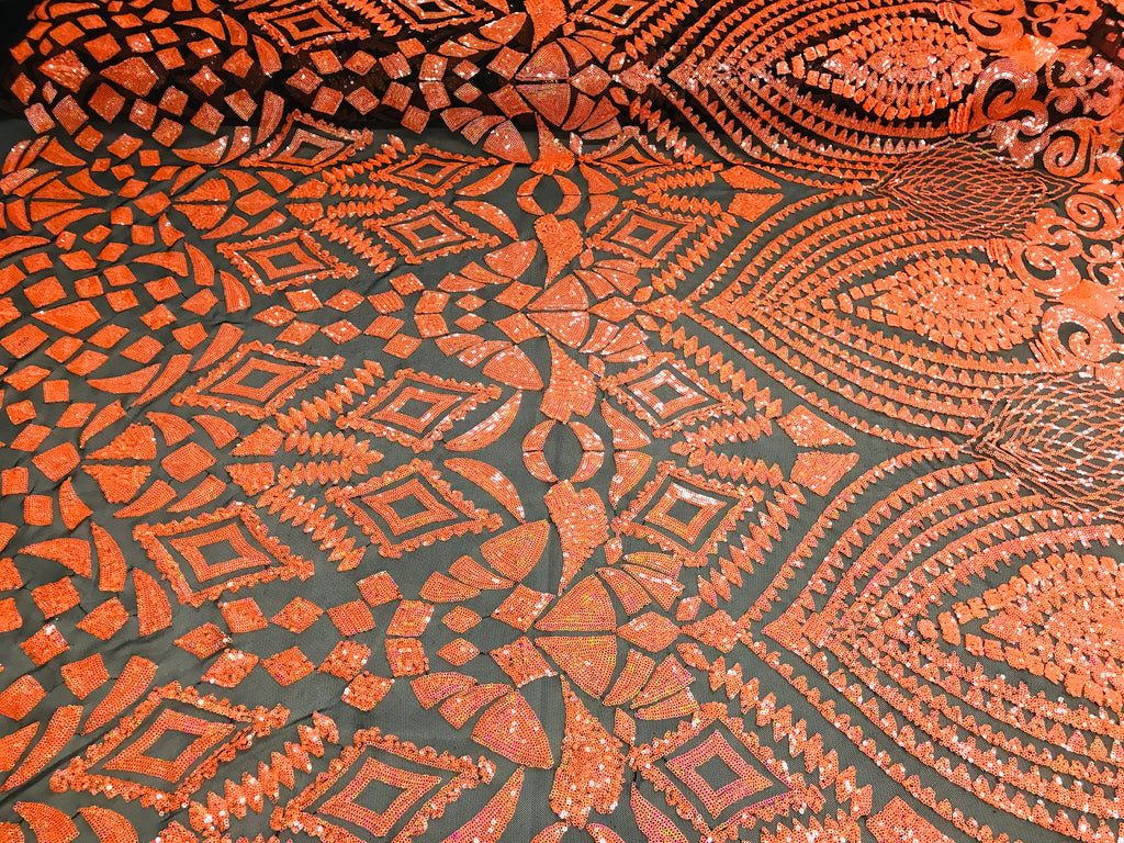 Geometric Pattern Sequins - Neon Orange - 4 Way Stretch Colorful Shine Designer Sequins