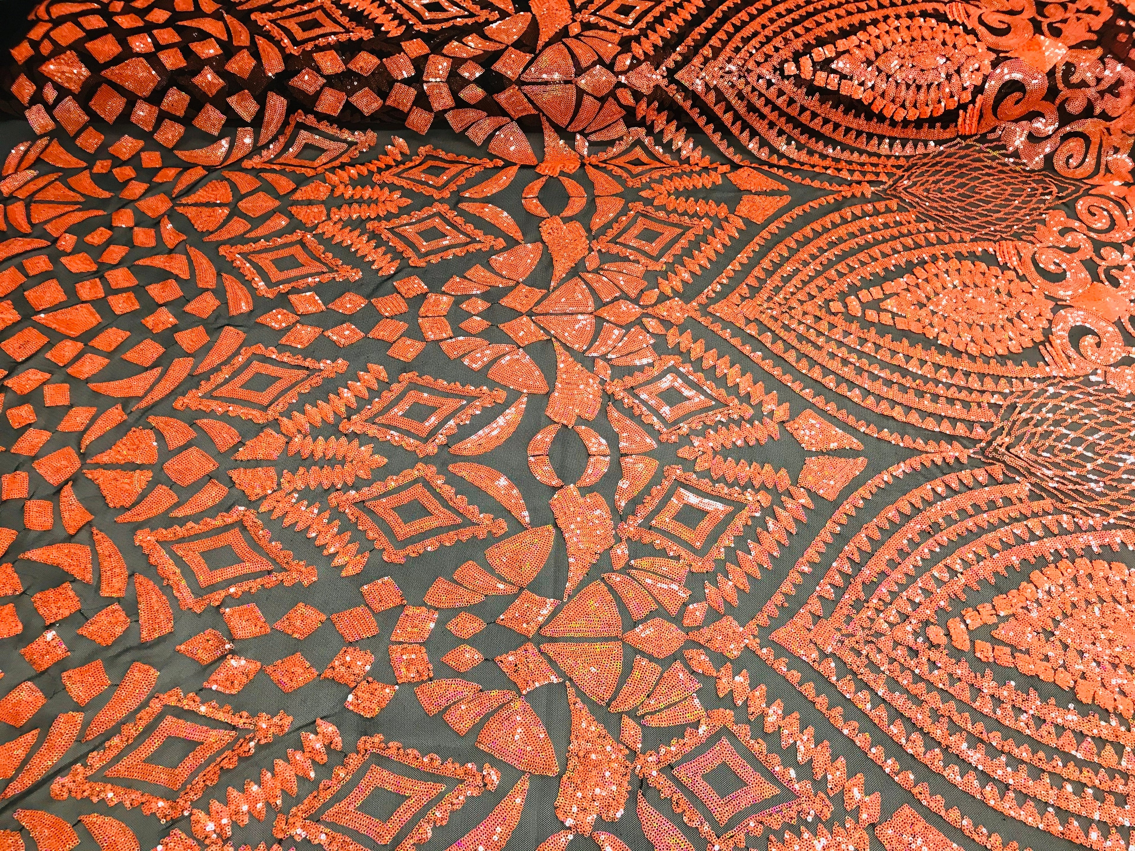 Geometric Pattern Sequins - Neon Orange - 4 Way Stretch Colorful Shine Designer Sequins