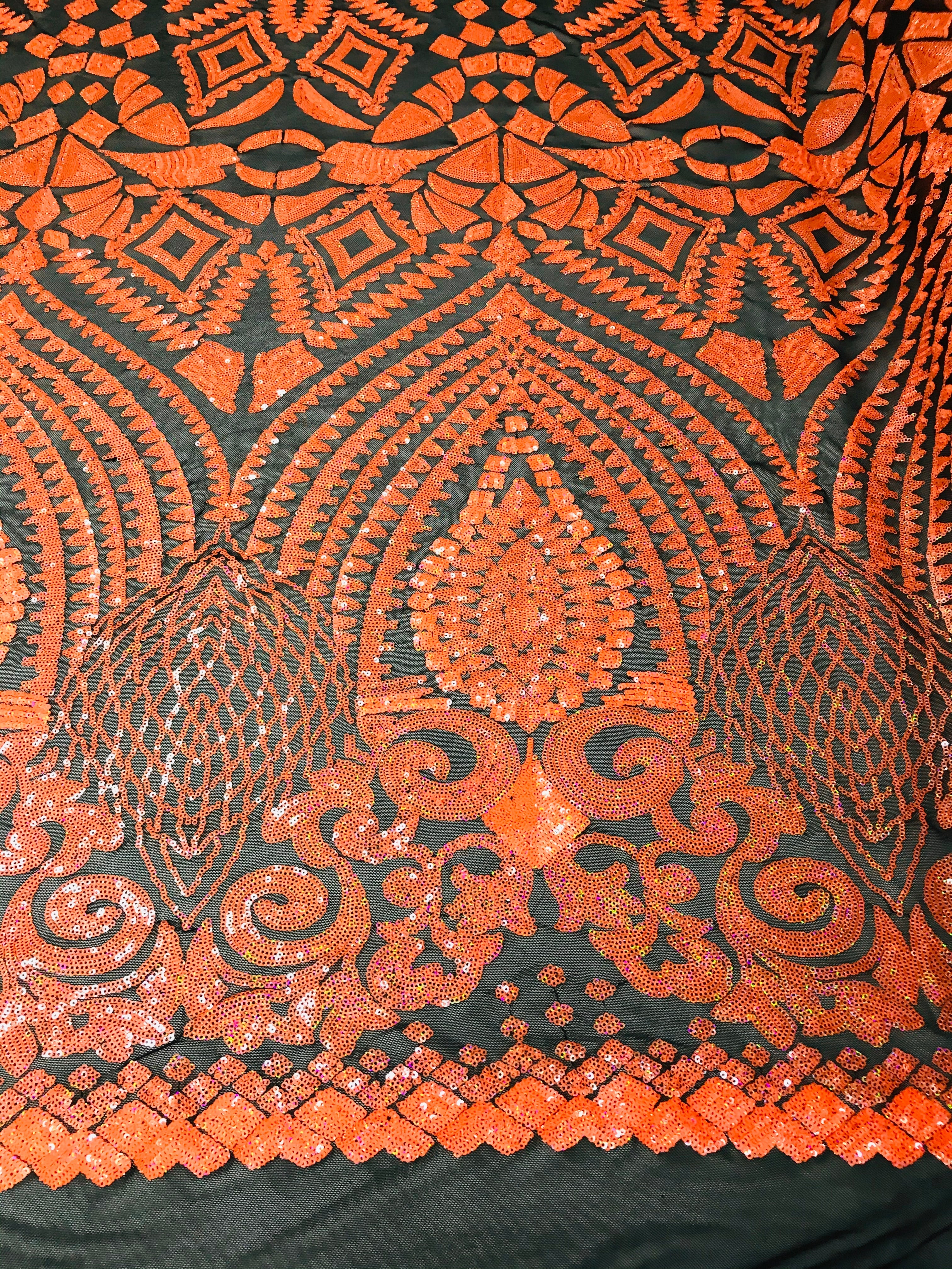 Geometric Pattern Sequins - Neon Orange - 4 Way Stretch Colorful Shine Designer Sequins