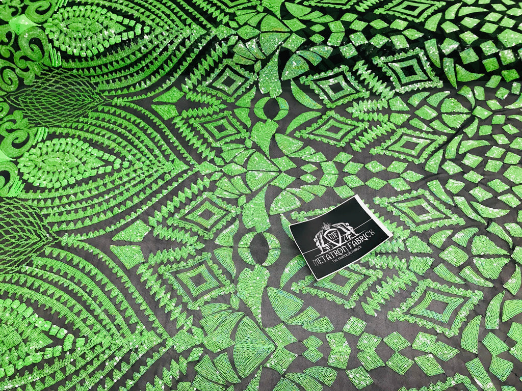 Geometric Pattern Sequins - Neon Green - 4 Way Stretch Colorful Shine Designer Sequins