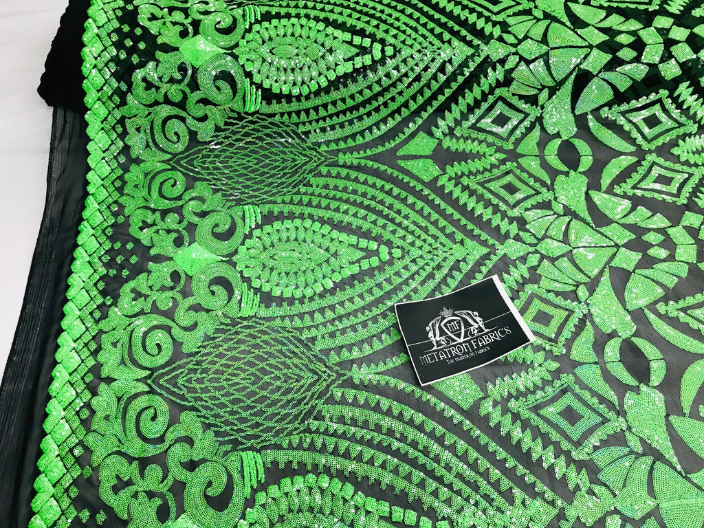 Geometric Pattern Sequins - Neon Green - 4 Way Stretch Colorful Shine Designer Sequins
