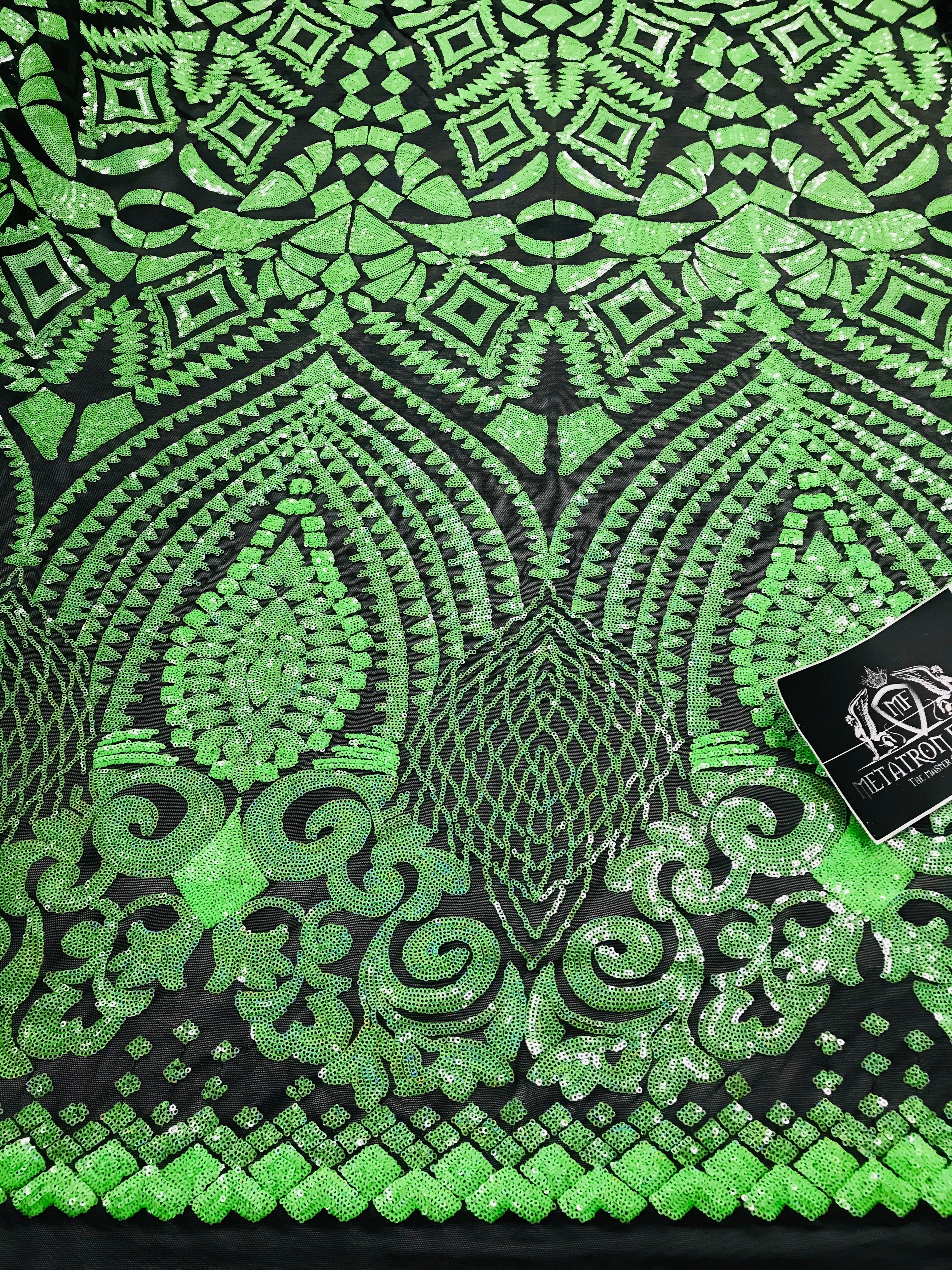 Geometric Pattern Sequins - Neon Green - 4 Way Stretch Colorful Shine Designer Sequins