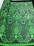 Geometric Pattern Sequins - Neon Green - 4 Way Stretch Colorful Shine Designer Sequins