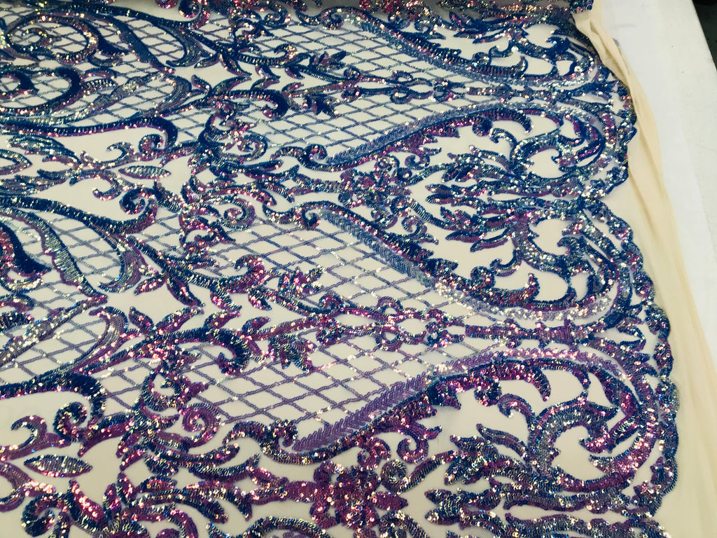 Heart Damask Sequins - Iridescent Lavender - 4 Way Stretch Bright Elegant Shiny Net Sequins Fabric