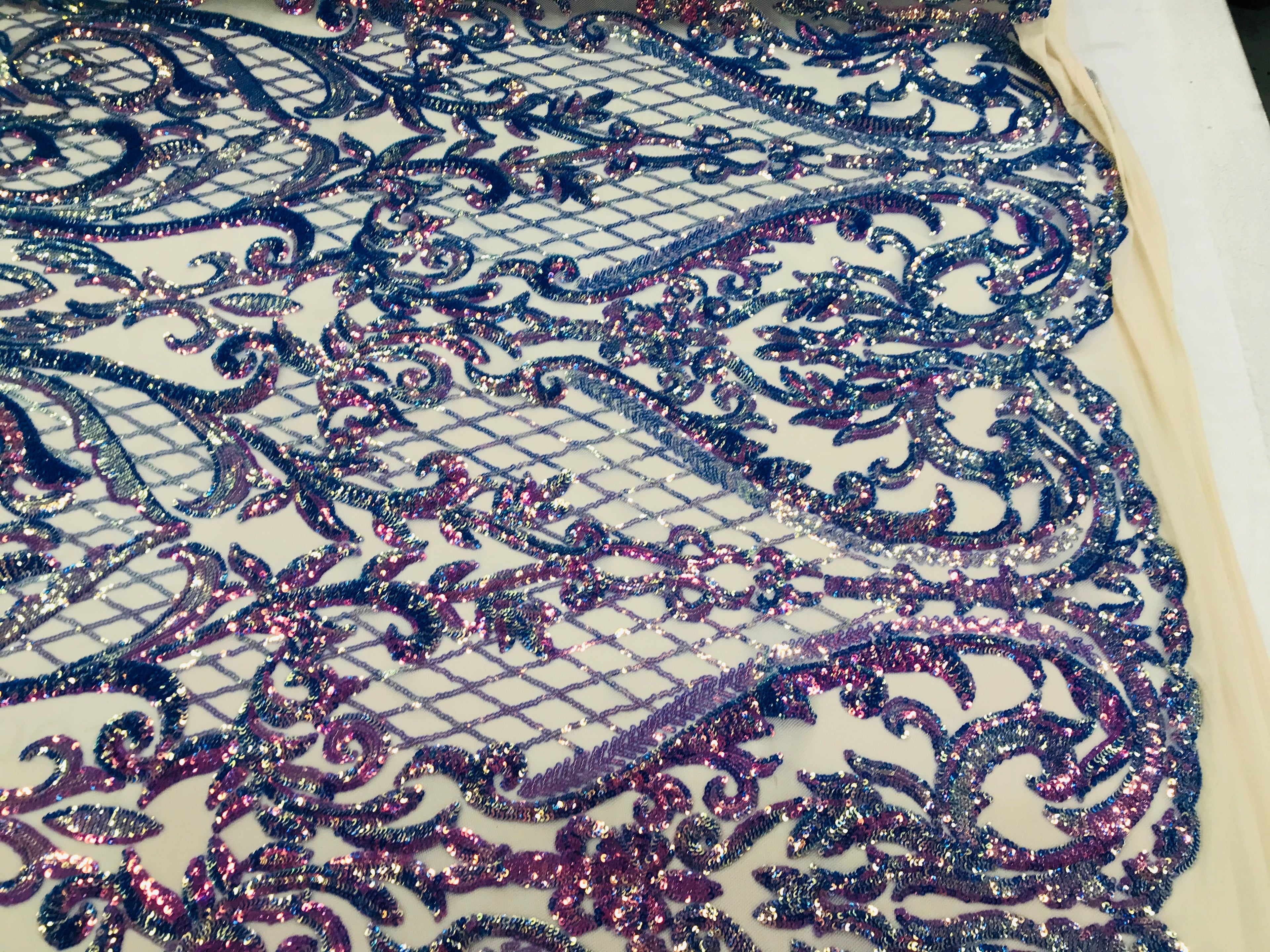 Heart Damask Sequins - Iridescent Lavender - 4 Way Stretch Bright Elegant Shiny Net Sequins Fabric