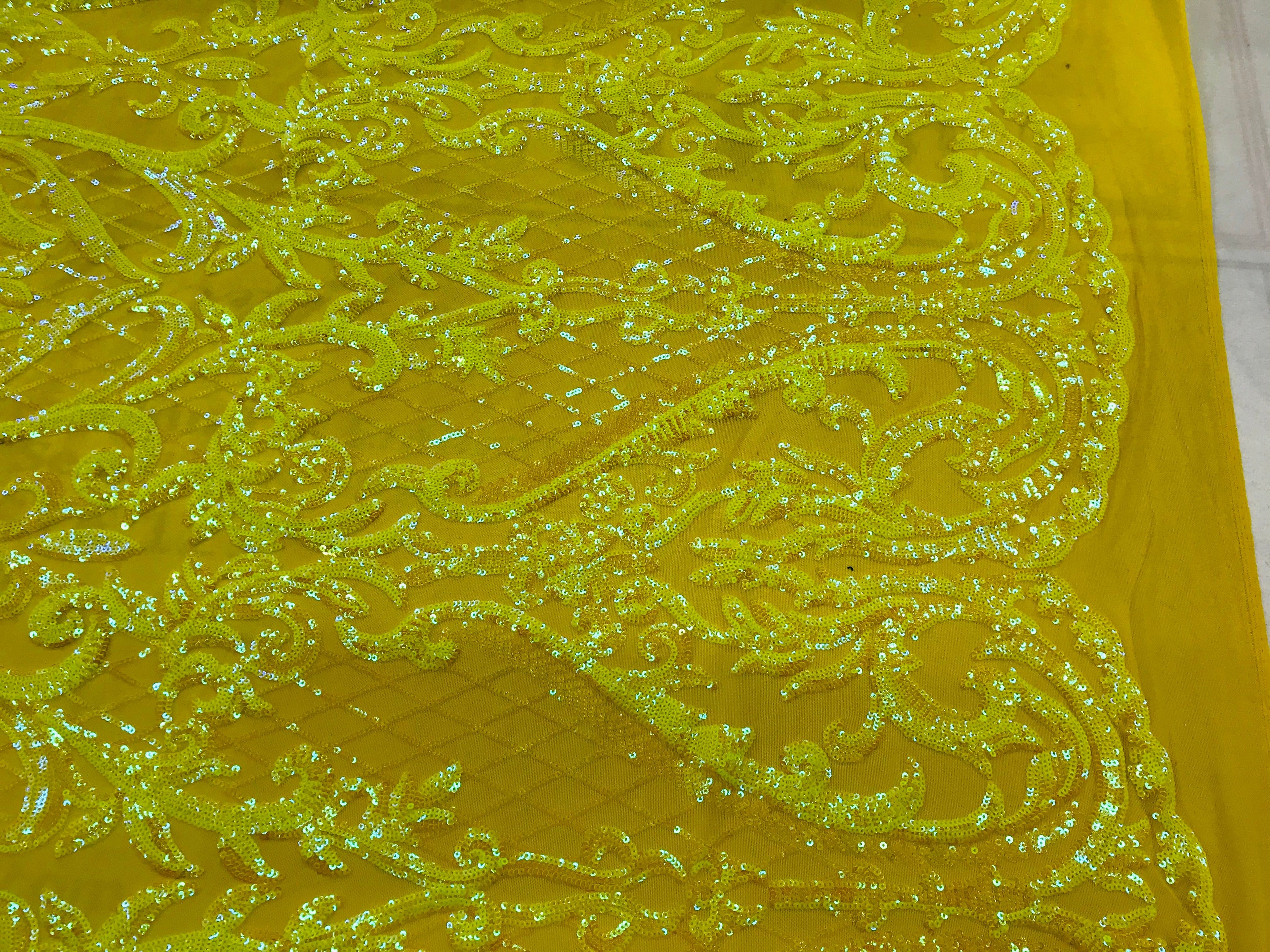 Heart Damask Sequins - Iridescent Yellow - 4 Way Stretch Bright Elegant Shiny Net Sequins Fabric