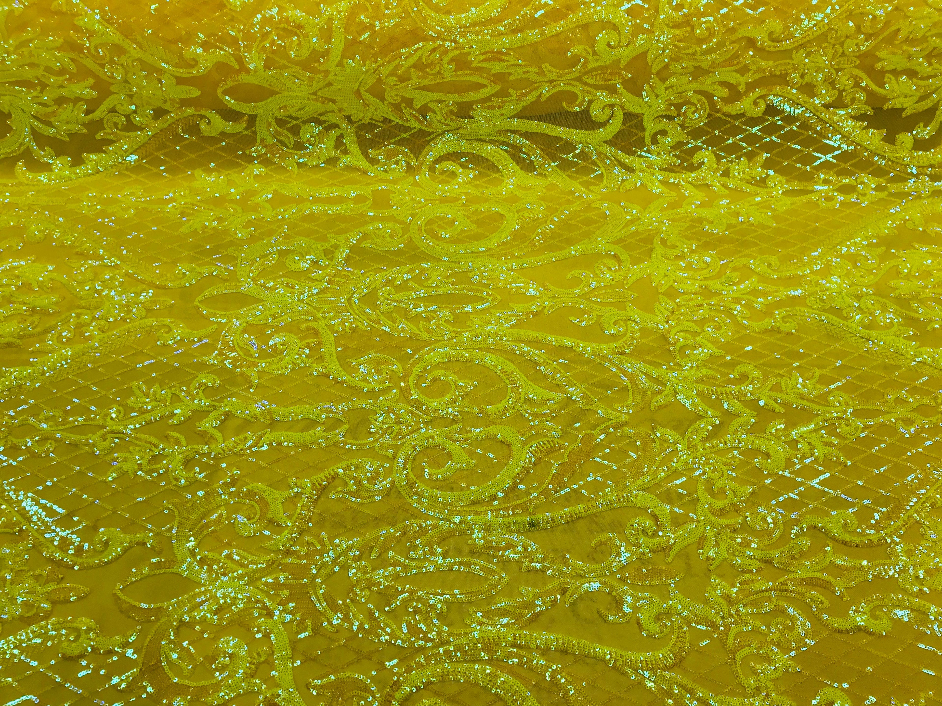 Heart Damask Sequins - Iridescent Yellow - 4 Way Stretch Bright Elegant Shiny Net Sequins Fabric