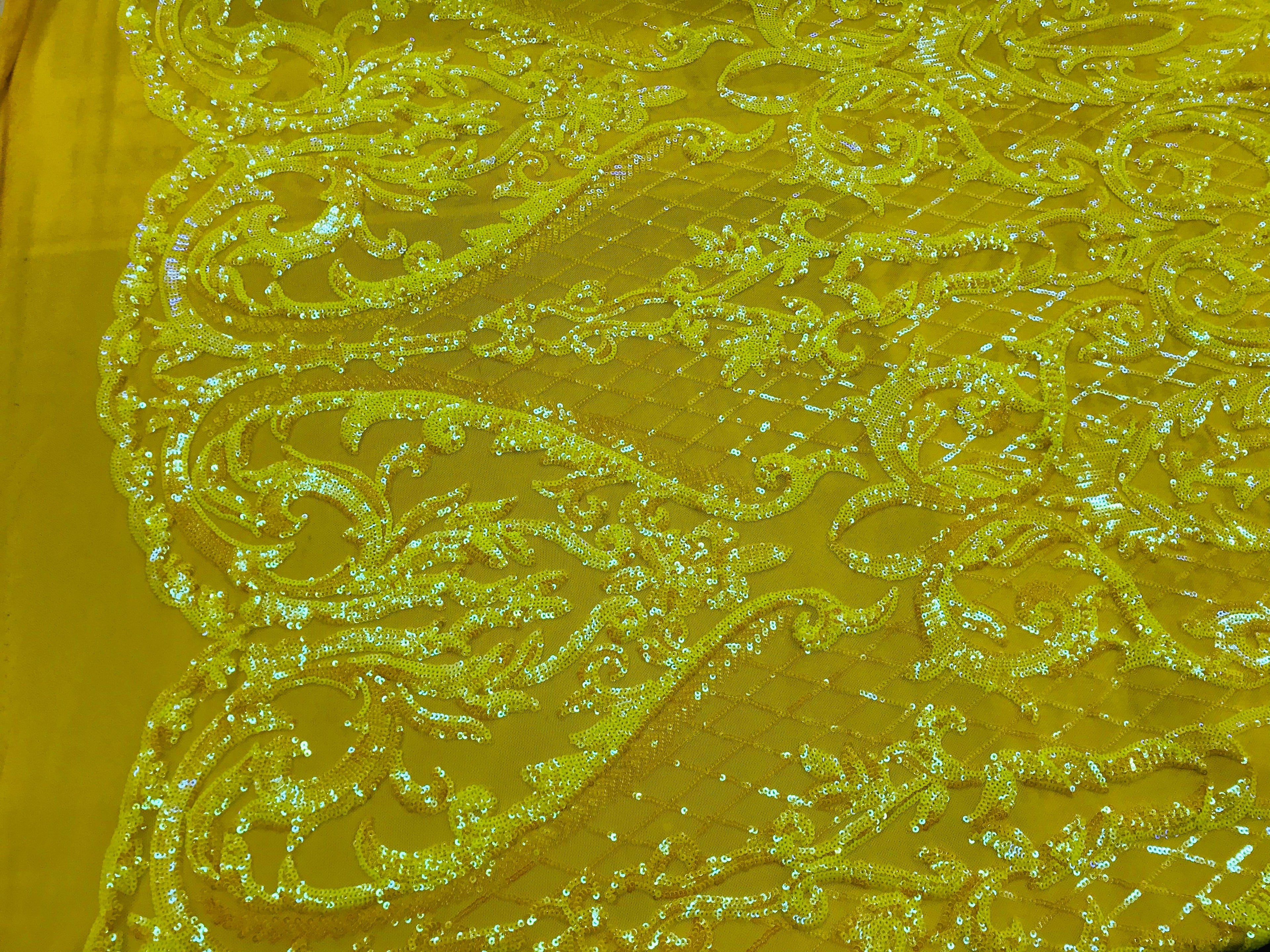 Heart Damask Sequins - Iridescent Yellow - 4 Way Stretch Bright Elegant Shiny Net Sequins Fabric
