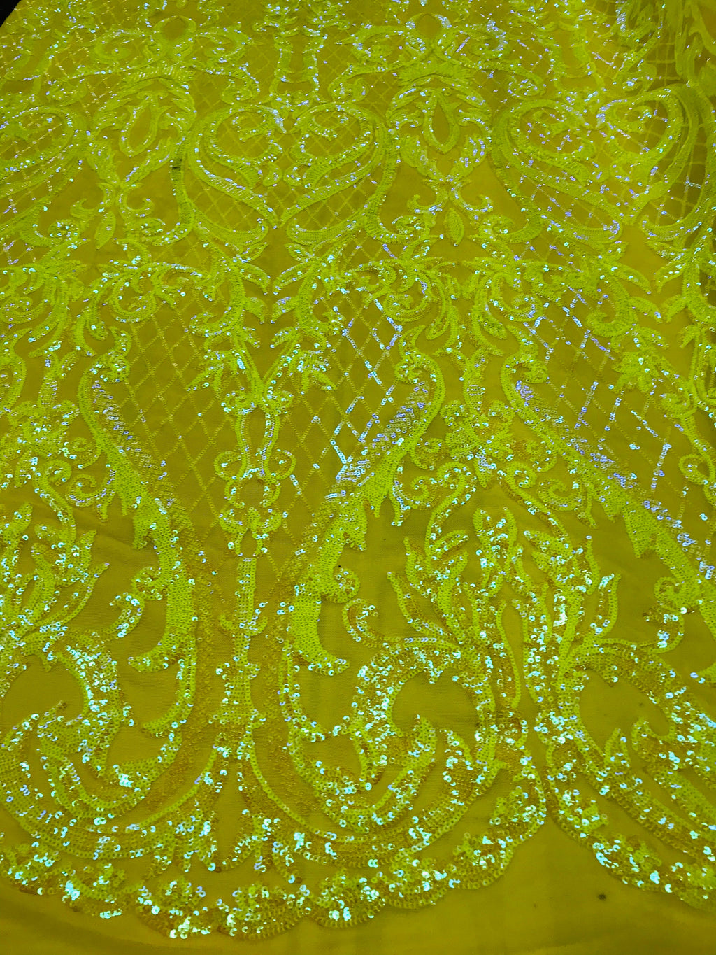 Heart Damask Sequins - Iridescent Yellow - 4 Way Stretch Bright Elegant Shiny Net Sequins Fabric